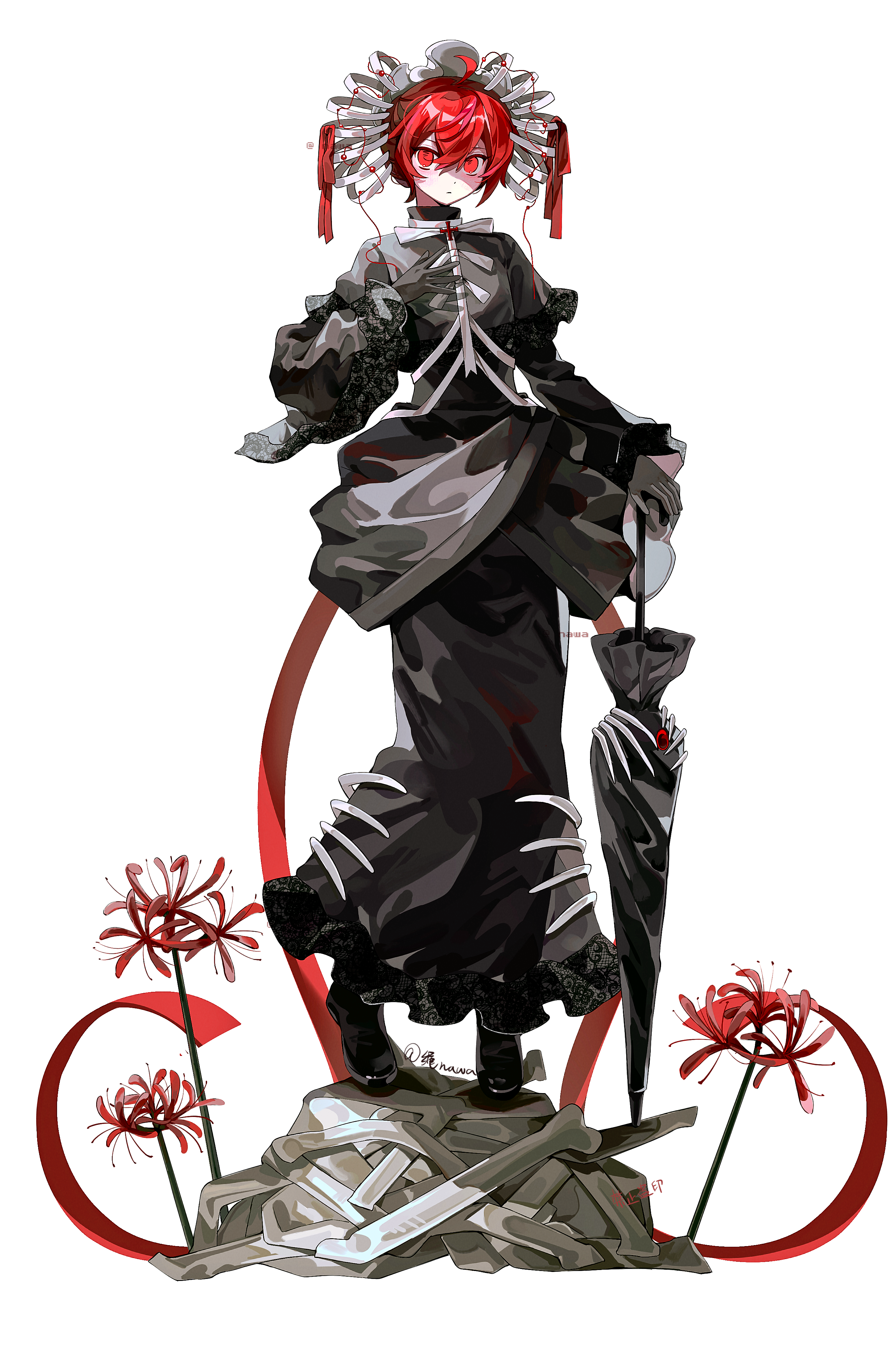 feiwusheng, kasane teto, utau, absurdres, chinese commentary, commentary request, highres, 1girl, ahoge, arms at sides, black boots, black dress, black umbrella, boots, closed mouth, closed umbrella, double-parted bangs, dress, expressionless, flat chest, flower, frilled dress, frills, full body, gloves, hair between eyes, holding, holding umbrella, long dress, long sleeves, looking at viewer, puffy long sleeves, puffy sleeves, red eyes, red flower, red hair, red ribbon, ribbon, ribs, short hair, simple background, solo, standing, turtleneck, turtleneck dress, umbrella, white background, white gloves