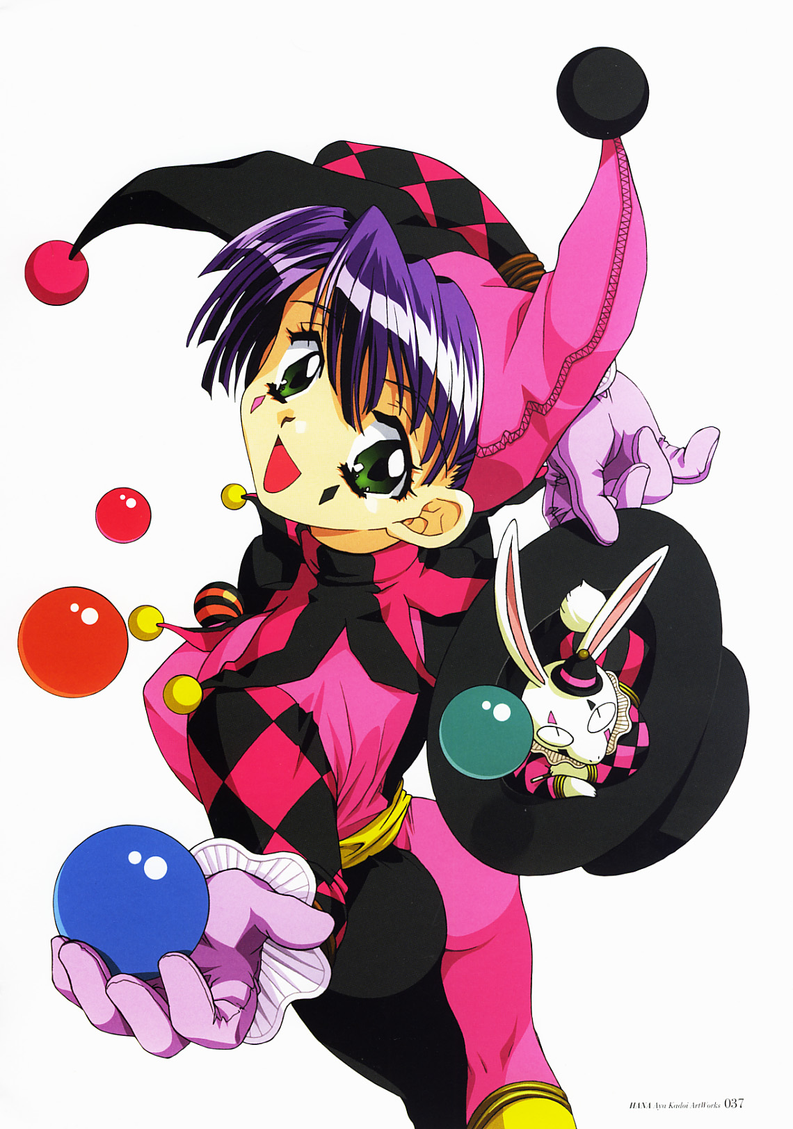 kadoi aya, highres, 1girl, argyle clothes, argyle sleeves, ass, ball, facial mark, female focus, gloves, green eyes, hat, holding, holding unworn clothes, holding unworn hat, jester, looking at viewer, purple hair, rabbit, simple background, solo, top hat, unworn hat, unworn headwear, white background