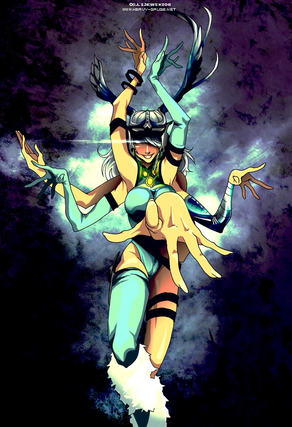 spiral (marvel), marvel, x-men, tagme, 1girl, arms up, asymmetrical clothes, asymmetrical gloves, bangle, blank eyes, blush, bracelet, breasts, extra arms, female focus, gloves, gradient background, grin, hair over one eye, head wings, helmet, jewelry, large breasts, long hair, mismatched gloves, multi limb, pointing, pointing at viewer, single thighhigh, smile, solo, thighhighs, white hair, wings