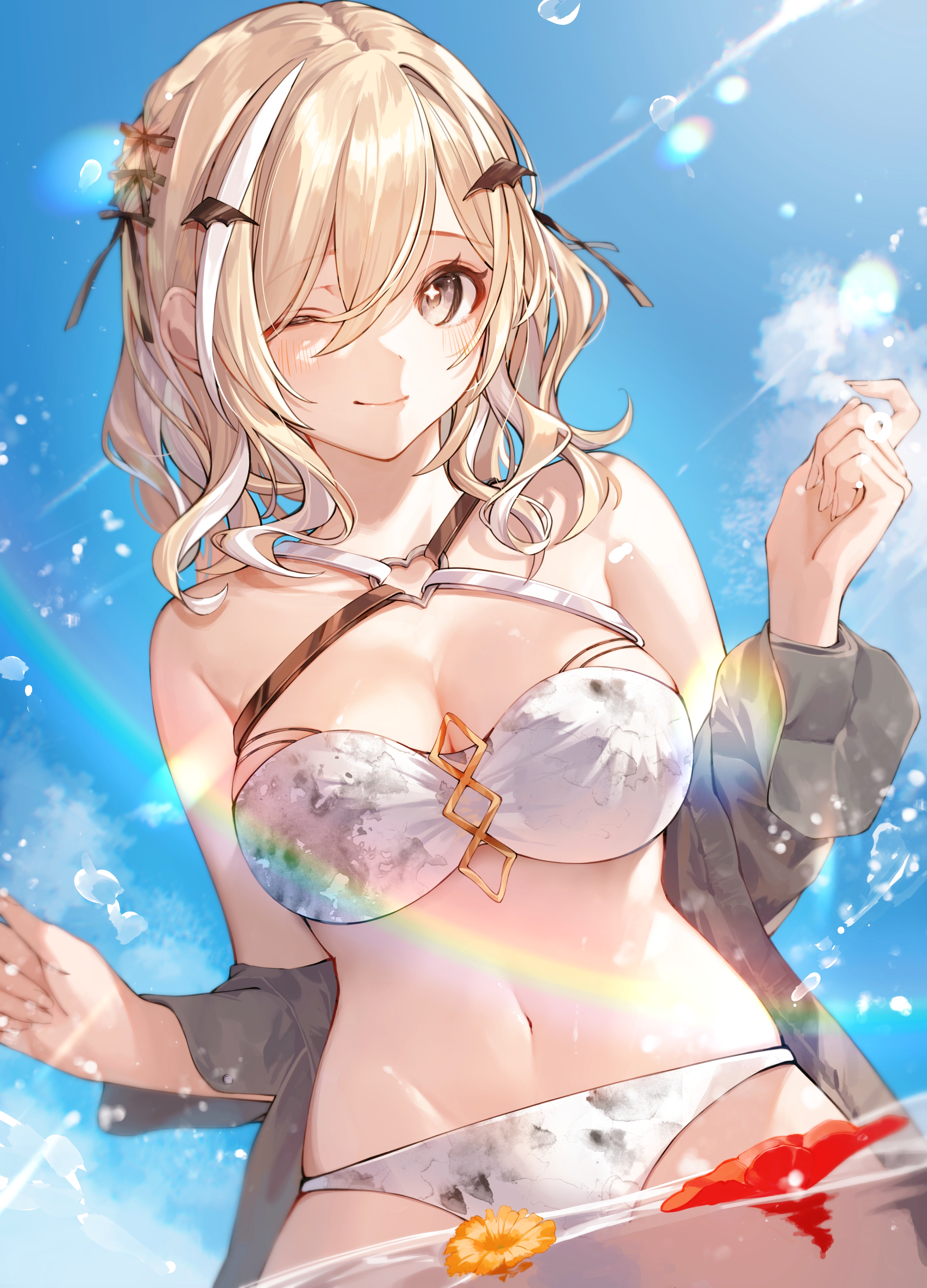 ohuton inu, original, absurdres, commentary request, highres, 1girl, bikini, black ribbon, blonde hair, blush, breasts, buckle, cleavage, closed mouth, cloud, cowboy shot, criss-cross halter, dutch angle, fingernails, flower, grey eyes, grey shirt, hair between eyes, hair ornament, hair ribbon, halterneck, heart, heart-shaped buckle, large breasts, long sleeves, looking at viewer, medium hair, multicolored hair, navel, on water, one eye closed, orange flower, outdoors, red flower, ribbon, shirt, shirt partially removed, sky, smile, solo, splashing, stomach, streaked hair, sunlight, swimsuit, wavy hair, white bikini, white streaks, wing hair ornament