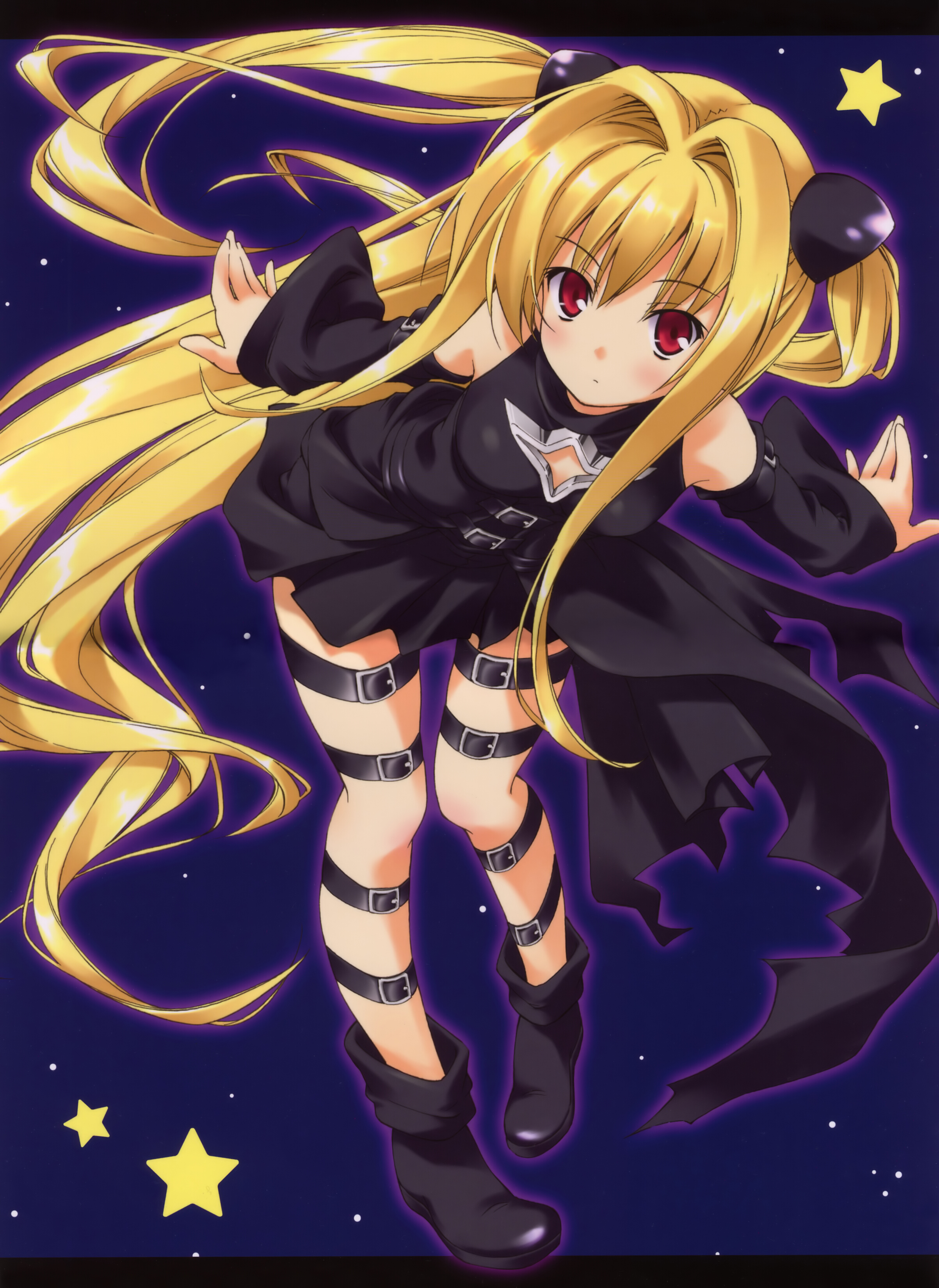 umino tomo, uminotomo, konjiki no yami, to love-ru, absurdres, highres, 00s, blonde hair, blush, boots, detached sleeves, leaning forward, long hair, night, red eyes, solo, star (symbol), strap, thigh strap, twintails, two side up, very long hair