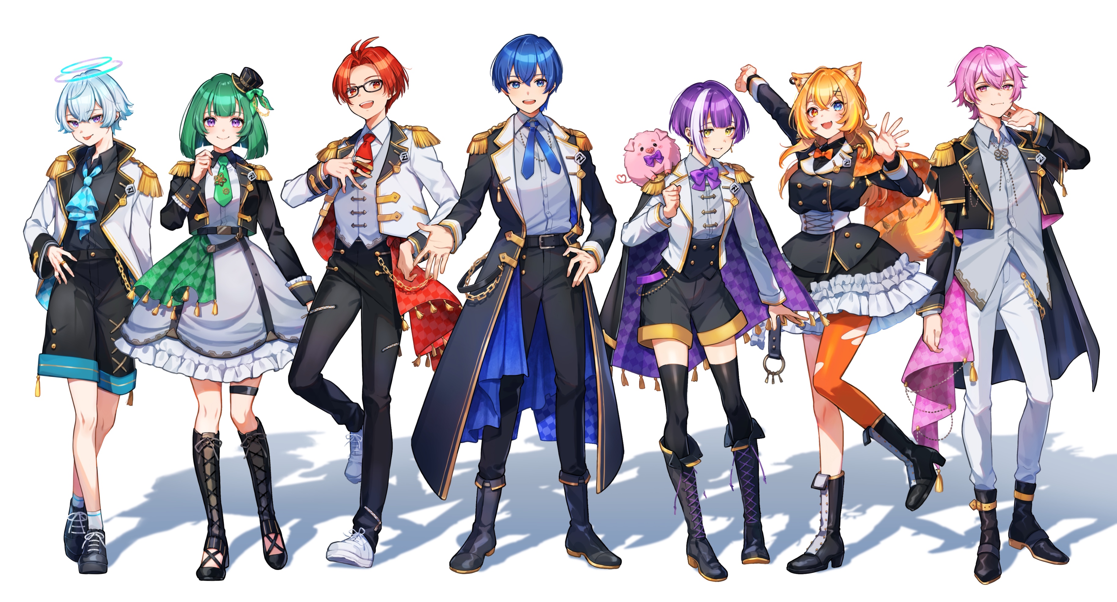 shinishi chiho, absurdres, character request, commentary request, copyright request, highres, 3girls, 4boys, :d, :p, animal ear fluff, animal ears, antenna hair, aqua hair, ascot, black boots, black coat, black shoes, black skirt, black thighhighs, blue ascot, blue eyes, blue hair, blue ribbon, boots, bow, bowtie, buttons, cat ears, cat girl, cat tail, closed mouth, coat, collared shirt, frilled skirt, frills, full body, glasses, green hair, green necktie, grey jacket, grey skirt, grey vest, hand on own chest, hat, heterochromia, high heel boots, high heels, jacket, jewelry, lace-up boots, long hair, long sleeves, looking at viewer, mini hat, mini top hat, multicolored hair, multiple boys, multiple girls, neck ribbon, necklace, necktie, open clothes, open coat, open jacket, open mouth, orange bow, orange bowtie, orange eyes, orange hair, orange pantyhose, pants, pantyhose, parted bangs, pink eyes, pink hair, purple hair, red hair, red necktie, ribbon, shadow, shirt, shoes, short hair, simple background, single leg pantyhose, skirt, smile, sneakers, socks, standing, standing on one leg, tail, thighhighs, tongue, tongue out, top hat, torn clothes, torn pantyhose, two-tone hair, vest, white background, white hair, white pants, white shirt, white shoes, white socks, yellow eyes