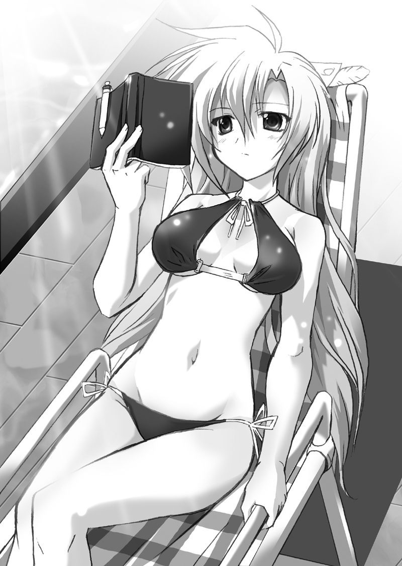 komatsu eiji, cal ruslan, akatsuki no amaneka to aoi kyojin, aoi kyoujin, shirogane no cal to soukuu no joou, striped, 1girl, ahoge, bikini, blush, book, breasts, chair, cleavage, feathers, female focus, from above, greyscale, hair ornament, large breasts, light rays, long hair, lounge chair, lowleg, lowleg bikini, monochrome, navel, open book, outdoors, pen, pool, poolside, reading, reclining, ribbon, side-tie bikini bottom, solo, sunbeam, sunlight, swimsuit, twintails, underboob, very long hair, water