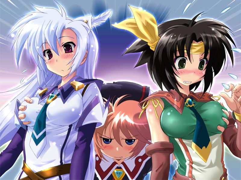 komatsu eiji, amaneka machbuster, cal ruslan, eana komet, akatsuki no amaneka to aoi kyojin, aoi kyoujin, game cg, 3girls, belt, between breasts, black hair, blue eyes, blush, bob cut, breasts, brooch, chibi, clenched teeth, detached sleeves, embarrassed, fang, feathers, grabbing another's breast, green eyes, groping, hair ornament, hat, headband, impossible clothes, impossible shirt, jewelry, large breasts, long hair, looking down, multiple girls, naughty face, necktie, pink hair, purple eyes, ribbon, shirt, short hair, surprised, sweatdrop, teeth, very long hair, white hair, yuri