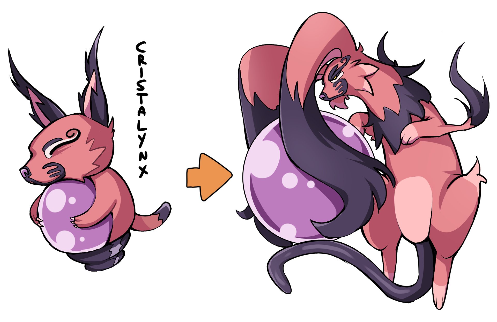 oninuer, nintendo, original, pokemon, commentary, english commentary, highres, arrow (symbol), claws, evolution, fakemon, full body, no humans, orange fur, orb, pokemon (creature), simple background, very long ears, white background
