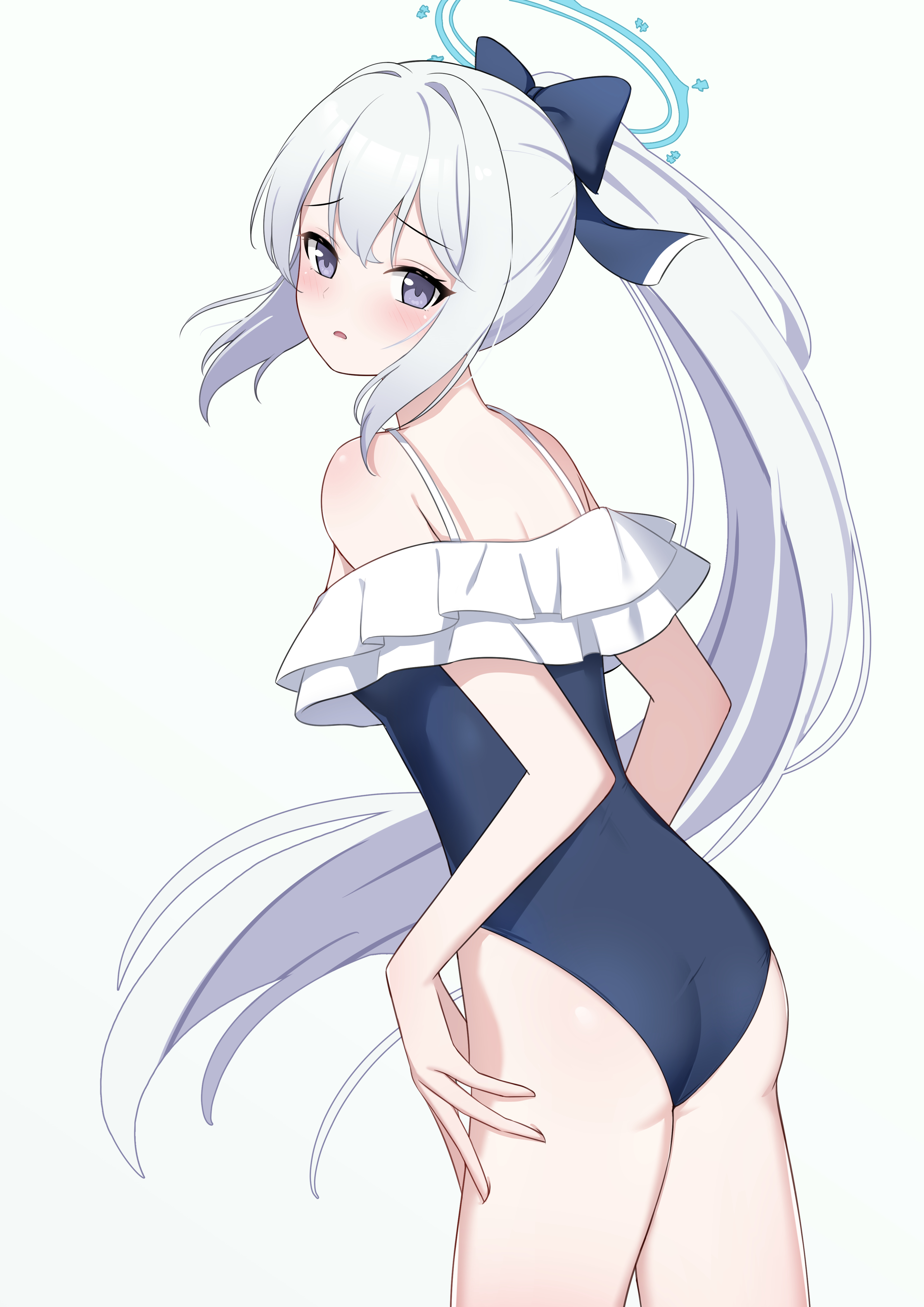 daoyan, miyako (blue archive), blue archive, absurdres, commentary, highres, 1girl, ass, back, bare shoulders, black bow, blue halo, blue one-piece swimsuit, blush, bow, breasts, casual one-piece swimsuit, cowboy shot, d:, floating hair, frilled one-piece swimsuit, frills, from behind, frown, furrowed brow, hair bow, hair intakes, halo, long hair, looking at viewer, looking back, official alternate costume, official alternate hairstyle, one-piece swimsuit, open mouth, ponytail, purple eyes, sidelocks, simple background, small breasts, solo, swimsuit, very long hair, white background, white hair