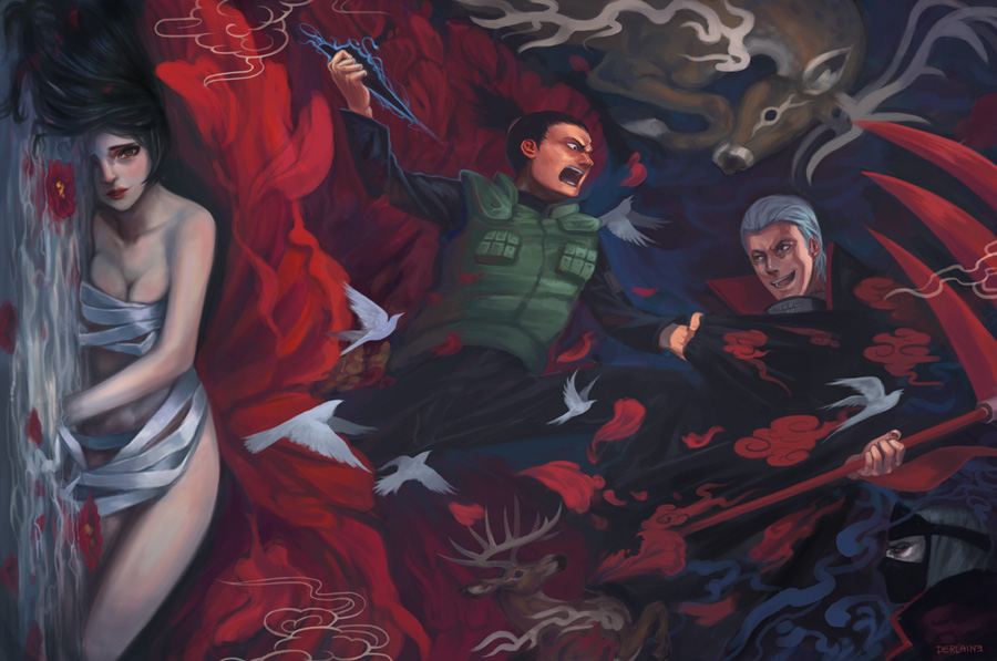 derlaine, hidan (naruto), kakuzu (naruto), nara shikamaru, yuuhi kurenai, naruto (series), naruto shippuuden, 1girl, 3boys, akatsuki (naruto), angry, bandages, battle, bird, black hair, breasts, cleavage, deer, dove, epic, flower, knife, kunai, large breasts, multiple boys, scythe, weapon