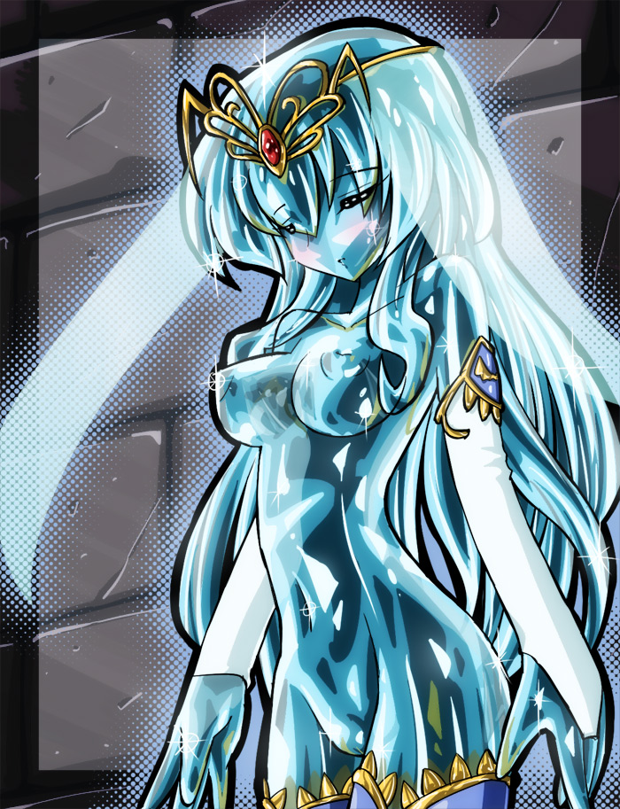aoba (aunana), aunana, geena, branmarker, 1girl, blush, breasts, bridal gauntlets, circlet, cowboy shot, crystal, female focus, glass, jewelry, long hair, medium breasts, nude, petrification, pussy, solo, transparent, uncensored, veil