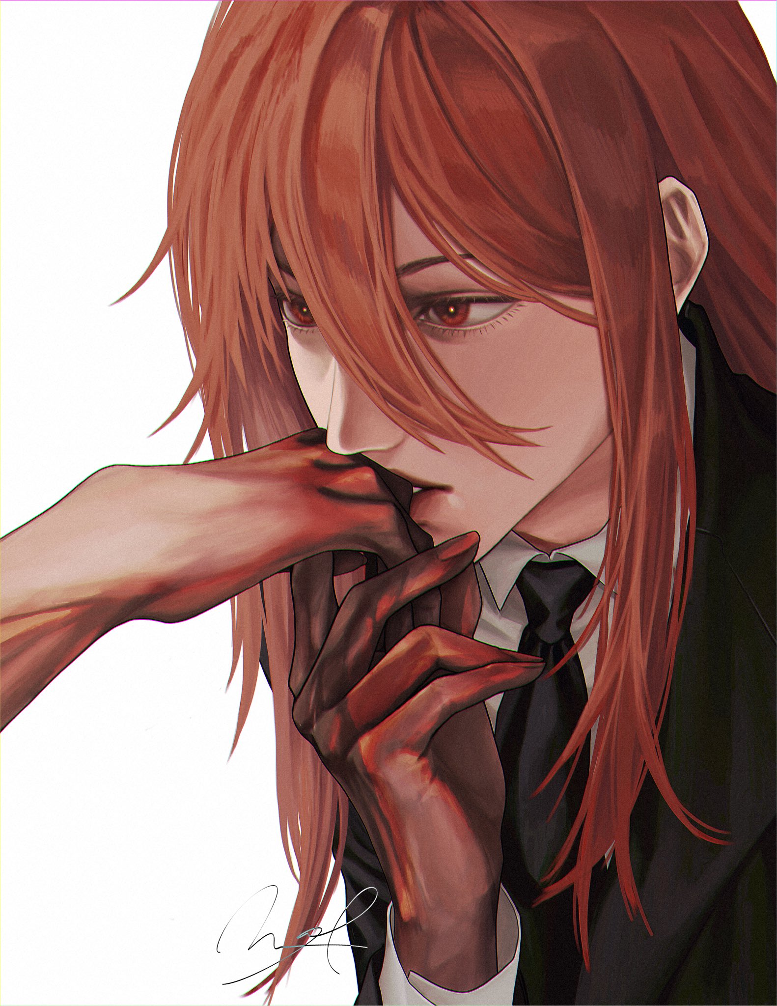 snowberryaki, angel devil (chainsaw man), chainsaw man, commentary, highres, 1girl, 1other, black necktie, black suit, blood, blood on hands, collared shirt, formal clothes, hair between eyes, kiss, kissing hand, lips, long hair, long hair between eyes, long sleeves, necktie, parted lips, red eyes, red hair, shirt, signature, simple background, suit, upper body, white background, white shirt