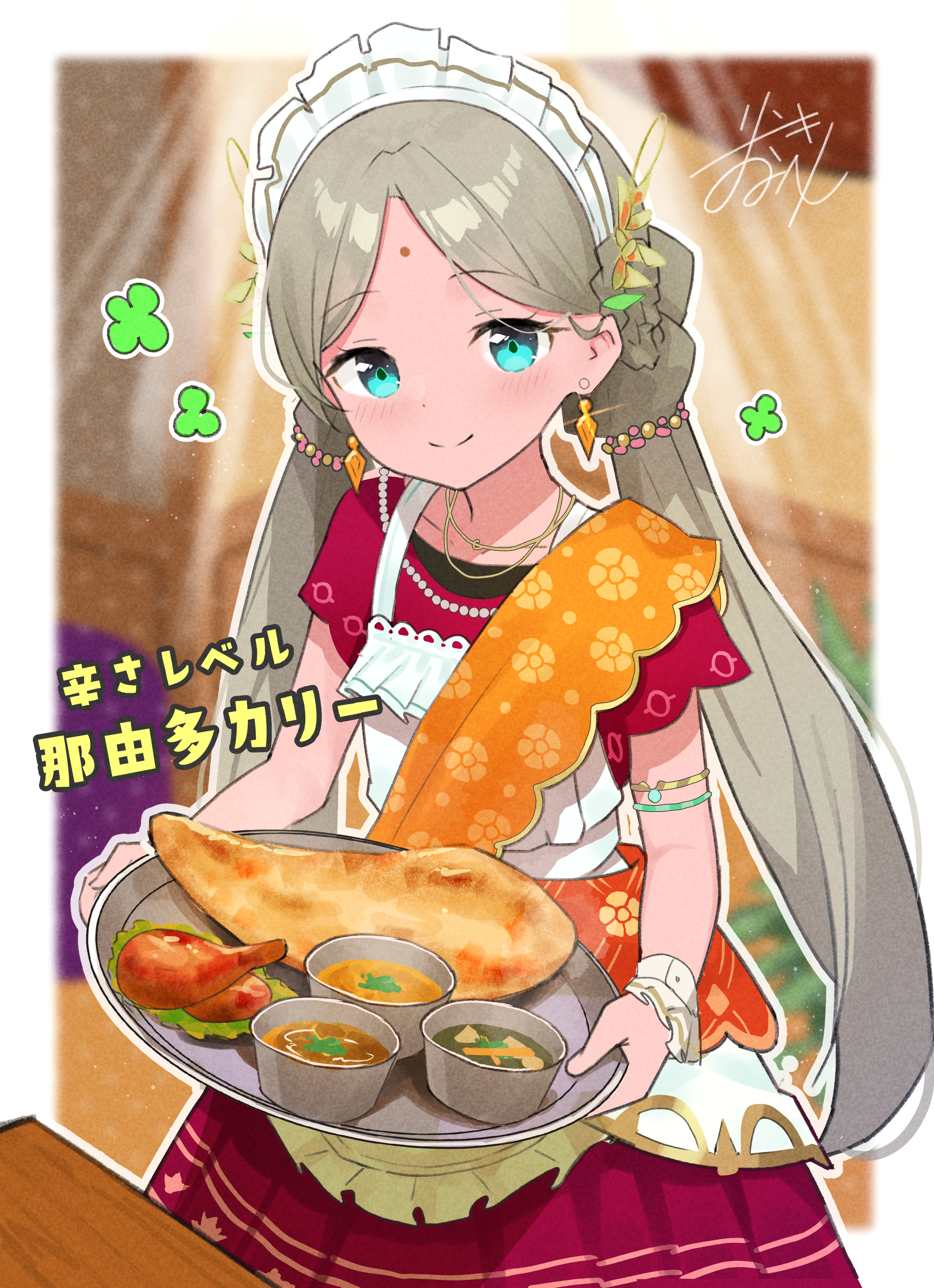 rinki oohen, vritika balakrishnan, heaven burns red, absurdres, highres, 1girl, apron, aqua eyes, armlet, bindi, blue eyes, blurry, blurry background, blush, bowl, braid, closed mouth, dress, earrings, facial mark, food, forehead mark, grey hair, holding, holding tray, indoors, jewelry, long hair, looking at viewer, low twintails, necklace, parted bangs, plate, red dress, short sleeves, smile, solo, soup, tray, twintails, very long hair, white apron, wrist cuffs