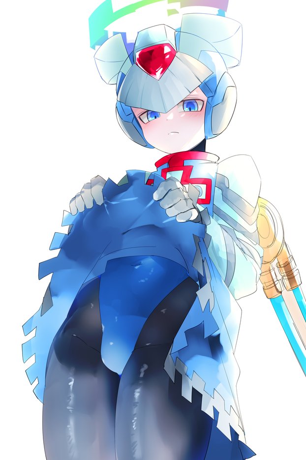 magatatara, cyber elf x (mega man), x (mega man), mega man (series), mega man zero (series), 1boy, blue eyes, blue helmet, blue leotard, blue robe, blush, cowboy shot, forehead jewel, halo, helmet, leotard, male focus, robe, robe lift, simple background, solo, white background