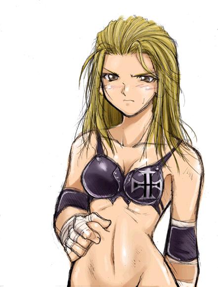 kaiga, triple h, wwe, gender request, 1girl, bandages, bikini, black bikini, blonde hair, blush, bottomless, brown eyes, cross, elbow pads, female focus, genderswap, print bikini, simple background, sketch, solo, swimsuit, united states, white background
