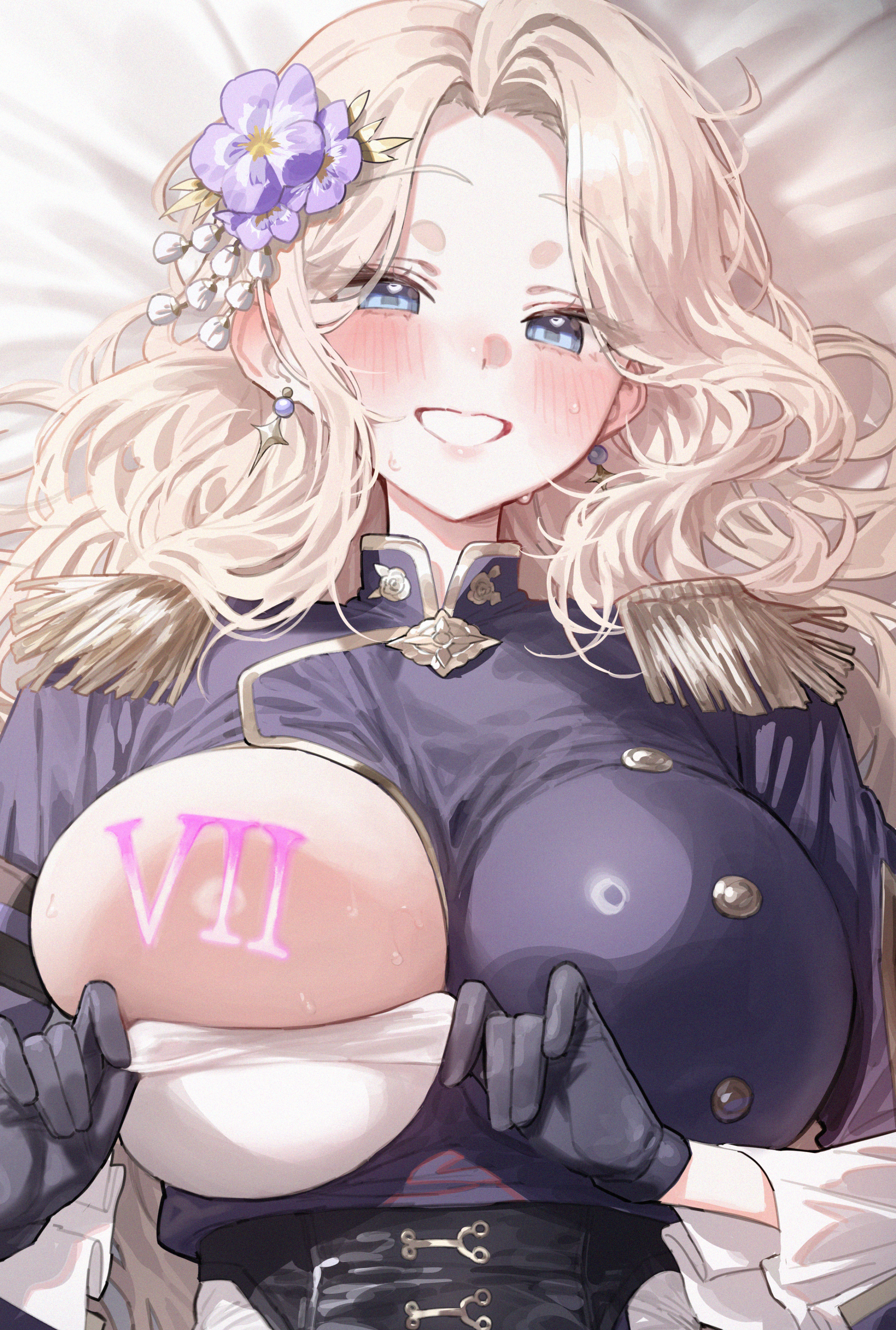 mochirong, darian silverstein, brown dust (series), brown dust 2, absurdres, commentary, highres, symbol-only commentary, 1girl, black gloves, blonde hair, blue eyes, blue jacket, blush, breast tattoo, breasts, clenched teeth, earrings, flower, gloves, hair flower, hair ornament, jacket, jewelry, large breasts, lying, on back, ring light reflection, roman numeral, smile, solo, sweat, tattoo, teeth