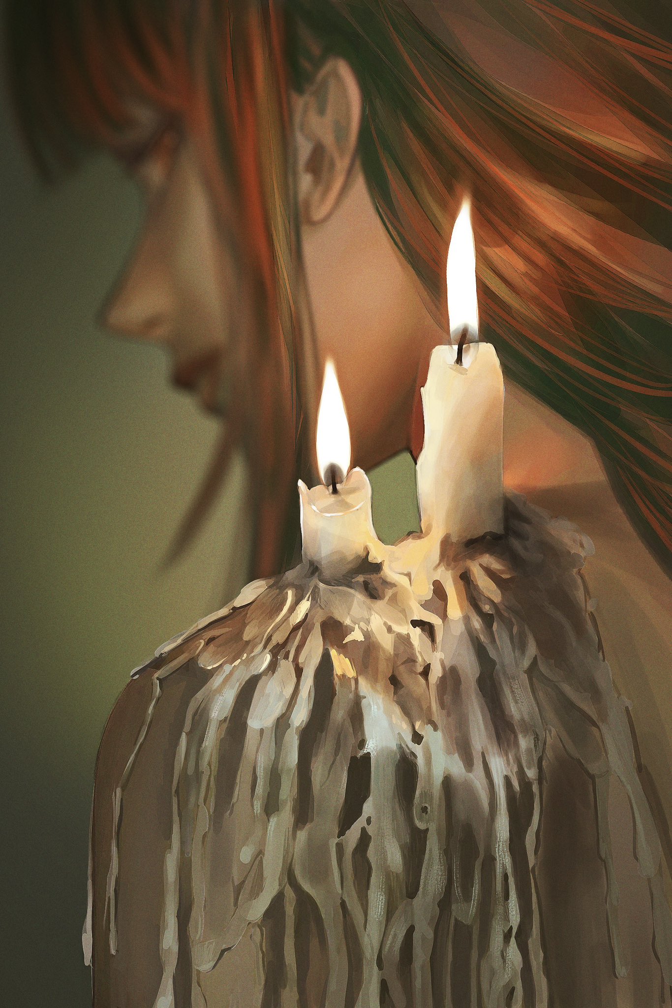snowberryaki, makima (chainsaw man), chainsaw man, commentary, highres, 1girl, bare shoulders, blurry, blurry background, candle, candle wax, candlelight, fire, lips, nude, orange eyes, portrait, red hair, solo, wax, wax play
