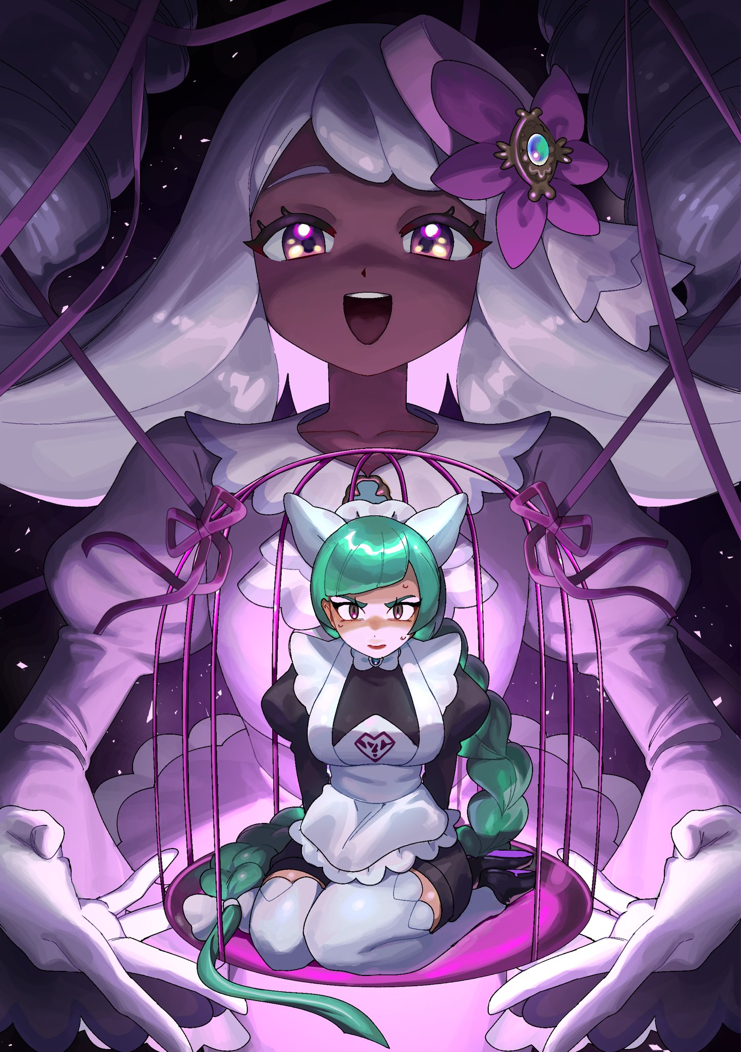 anipoke uruto, jacinthe (pokemon), lebanne (pokemon), nintendo, pokemon, pokemon legends: z-a, commentary request, highres, 2girls, apron, black dress, cage, dark-skinned female, dark skin, dress, fascinator, gloves, green hair, long hair, maid, maid apron, maid headdress, multiple girls, purple dress, purple eyes, thighhighs, very dark skin, white gloves, white thighhighs