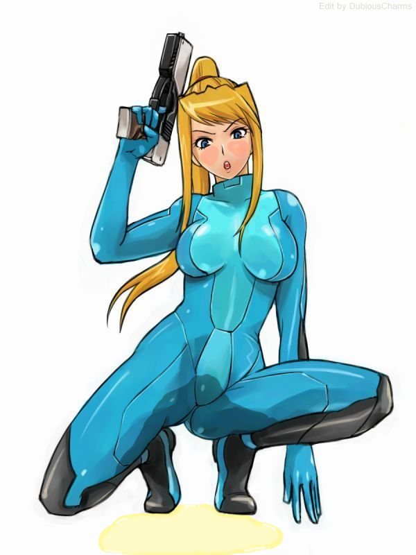 samus aran, metroid, nintendo, third-party edit, 1girl, blonde hair, blue bodysuit, blue eyes, blue gloves, bodysuit, breasts, facing viewer, female focus, full body, gloves, gun, handgun, high ponytail, impossible bodysuit, impossible clothes, long hair, looking at viewer, medium breasts, on one knee, pee, peeing, peeing self, pistol, ponytail, puddle, simple background, skin tight, solo, weapon, white background, zero suit