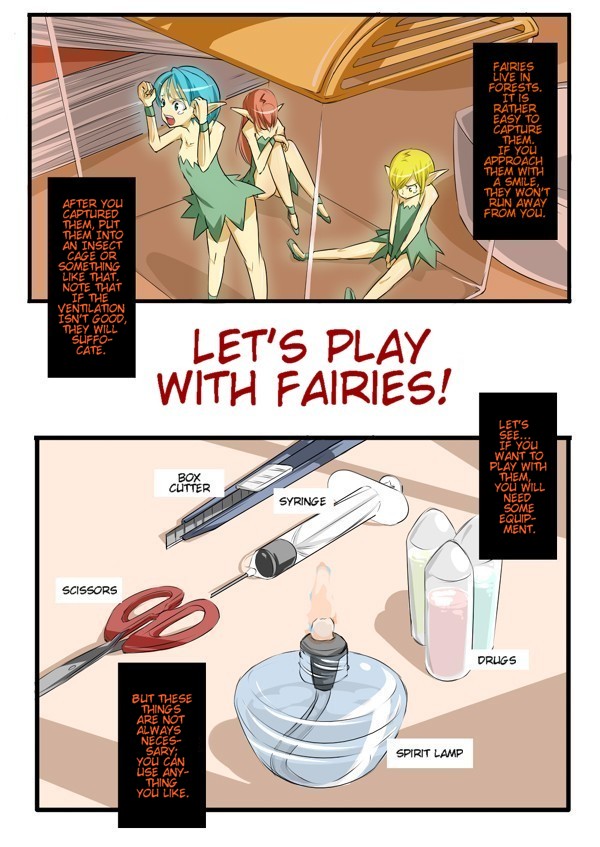 774 (nanashi), original, hard-translated, third-party edit, translated, blonde hair, blue hair, book, box, boxcutter, drugs, fairy, mini person, minigirl, pointy ears, red hair, scissors, syringe, tears