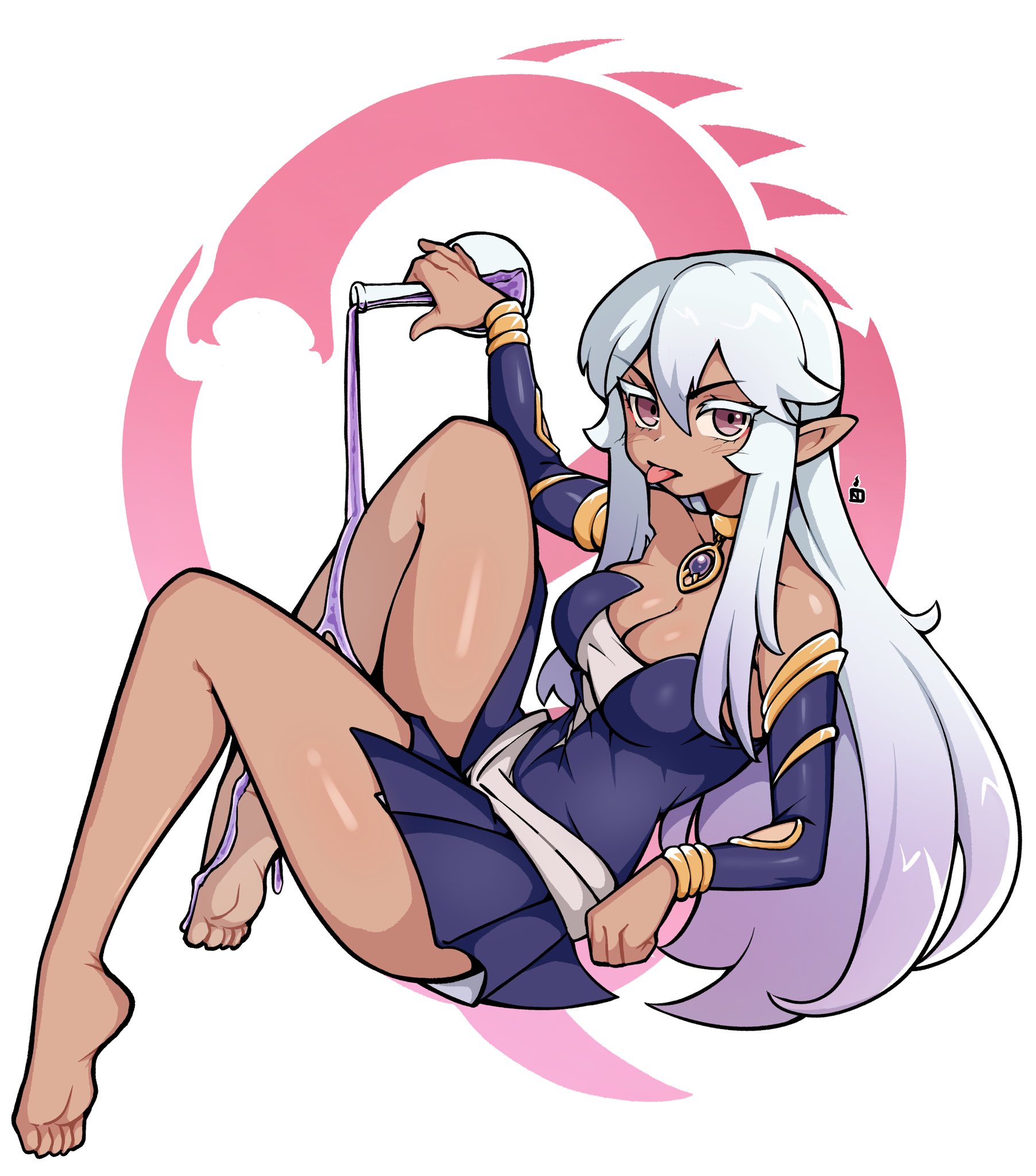 oninuer, original, commentary, commission, english commentary, highres, 1girl, bare legs, barefoot, black dress, bottle, breasts, cleavage, dark-skinned female, dark elf, dark skin, detached sleeves, double-parted bangs, dress, elf, full body, glass bottle, hair between eyes, hand up, holding, holding bottle, large breasts, legs, long hair, looking at viewer, pointy ears, potion, purple eyes, short dress, solo, spilling, toes, tongue, tongue out, white background, white hair