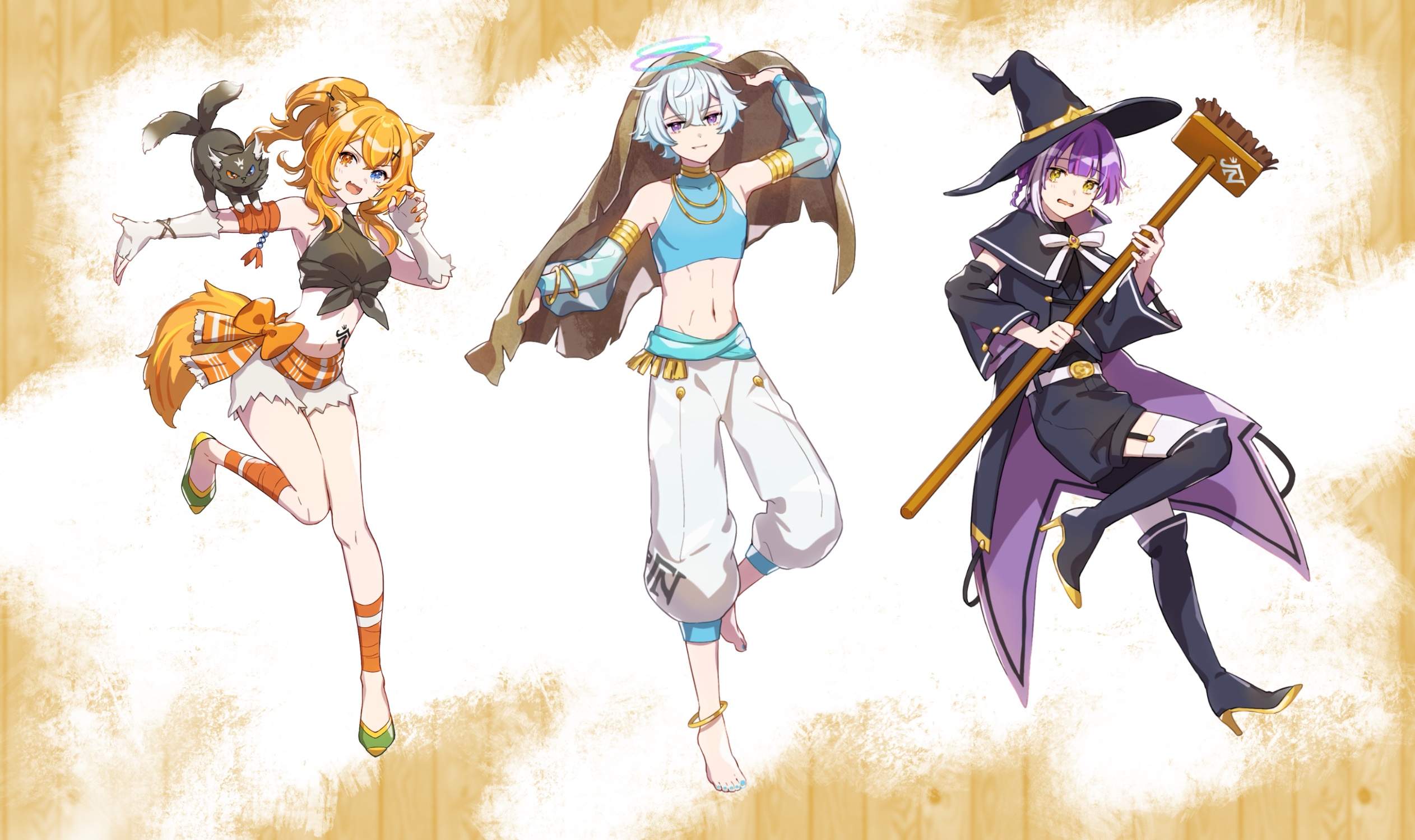 shinishi chiho, character request, commentary request, copyright request, highres, 1girl, 2boys, :d, animal ear fluff, animal ears, animal on arm, anklet, bare shoulders, barefoot, black boots, black cape, black hat, black shirt, black shorts, black sleeves, blue eyes, blue hair, blue sleeves, boots, broom, cape, cat, cat ears, cat girl, cat tail, claw pose, crop top, cropped shirt, detached sleeves, double-parted bangs, fingerless gloves, full body, gloves, green shoes, grin, hair between eyes, hand up, hat, heterochromia, high heel boots, high heels, holding, holding broom, jewelry, long hair, long sleeves, looking at viewer, midriff, multicolored hair, multiple boys, navel, open mouth, orange eyes, orange hair, outstretched arm, pants, purple cape, purple eyes, purple hair, shirt, shoes, short hair, shorts, sleeveless, sleeveless shirt, smile, standing, standing on one leg, tail, thigh boots, thighhighs, two-sided cape, two-sided fabric, two-tone hair, v-shaped eyebrows, white gloves, white hair, white pants, white shorts, white thighhighs, wide sleeves, witch hat, yellow eyes
