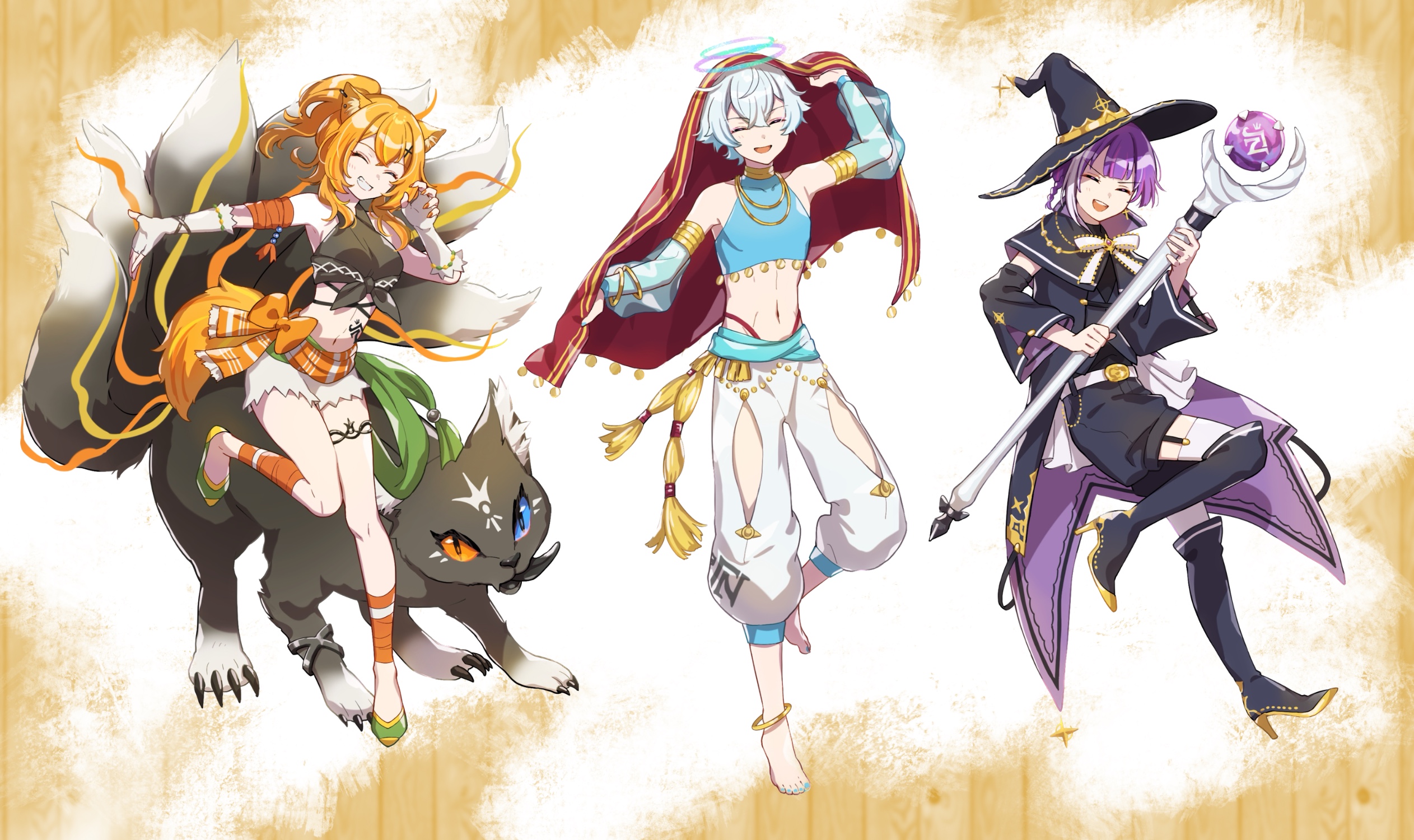 shinishi chiho, character request, commentary request, copyright request, highres, 1girl, 2boys, :d, ^ ^, animal ear fluff, animal ears, anklet, bare shoulders, barefoot, black boots, black cape, black hat, black shirt, black shorts, black sleeves, blue hair, blue sleeves, boots, cape, cat, cat ears, cat girl, cat tail, claw pose, closed eyes, clothing cutout, crop top, cropped shirt, detached sleeves, double-parted bangs, fingerless gloves, full body, gloves, green shoes, grin, hair between eyes, hand up, hat, high heel boots, high heels, holding, holding staff, jewelry, long hair, long sleeves, midriff, multicolored hair, multiple boys, navel, open mouth, orange hair, outstretched arm, pants, purple cape, purple hair, shirt, shoes, short hair, shorts, sleeveless, sleeveless shirt, smile, staff, standing, standing on one leg, tail, thigh boots, thighhighs, two-sided cape, two-sided fabric, two-tone hair, v-shaped eyebrows, white gloves, white hair, white pants, white shorts, white thighhighs, wide sleeves, witch hat