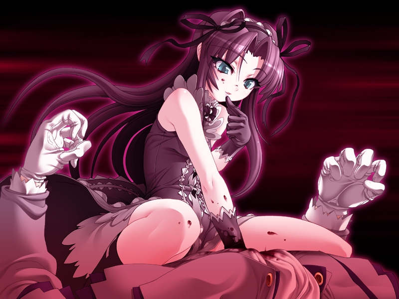 etheldreda, demonbane, 00s, 1girl, blood, green eyes, hair ribbon, long hair, purple hair, ribbon