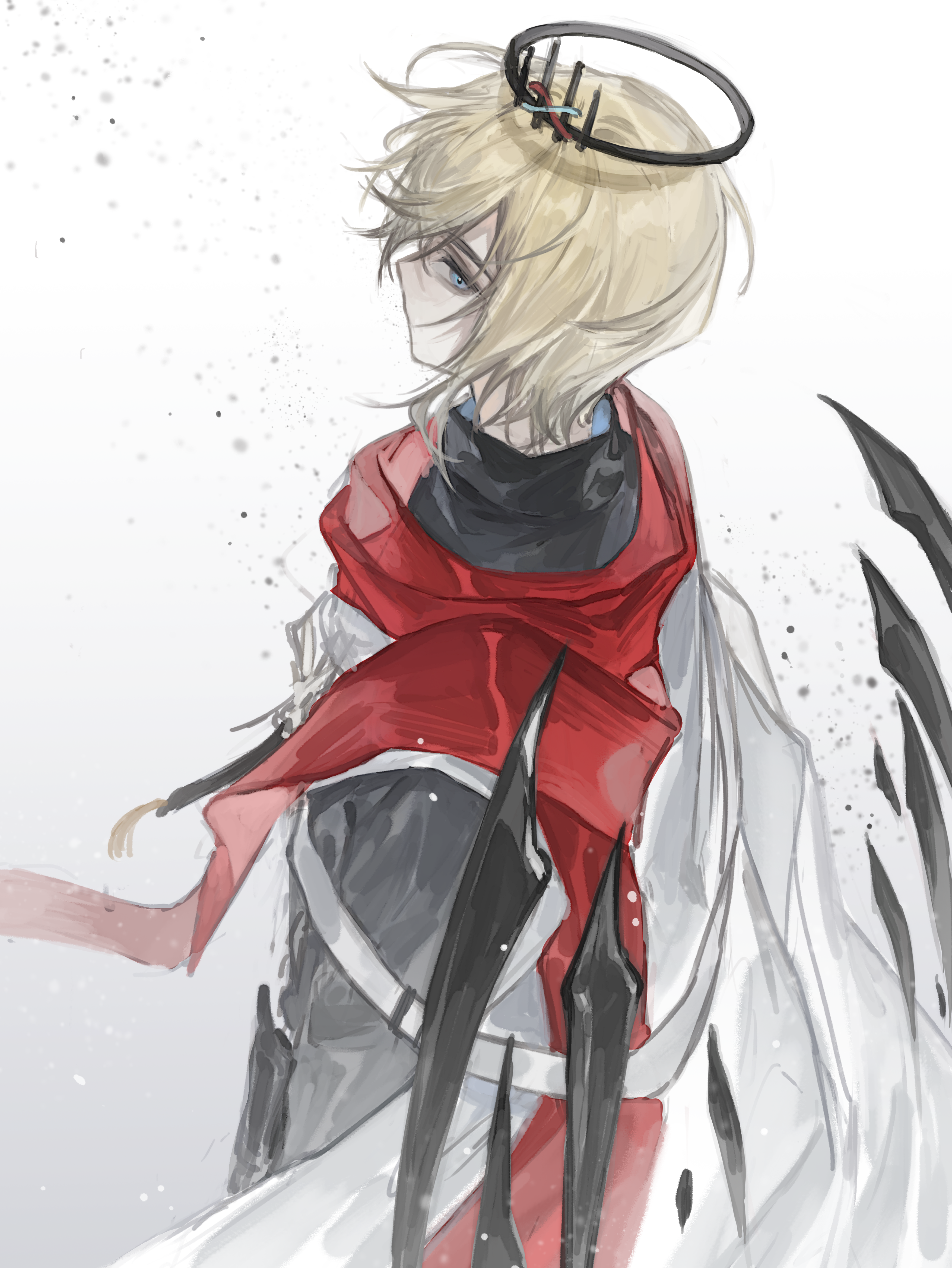 executor (arknights), executor the ex foedere (arknights), arknights, absurdres, highres, 1boy, belt, black halo, black jacket, black wings, blonde hair, blue eyes, cloak, closed mouth, cowboy shot, detached wings, energy wings, expressionless, from above, hair between eyes, halo, jacket, light particles, long sleeves, looking at viewer, male focus, mechanical halo, profile, red cloak, shiyue950, short hair, sideways glance, simple background, solo, standing, two-tone cloak, white background, white belt, white cloak, wings