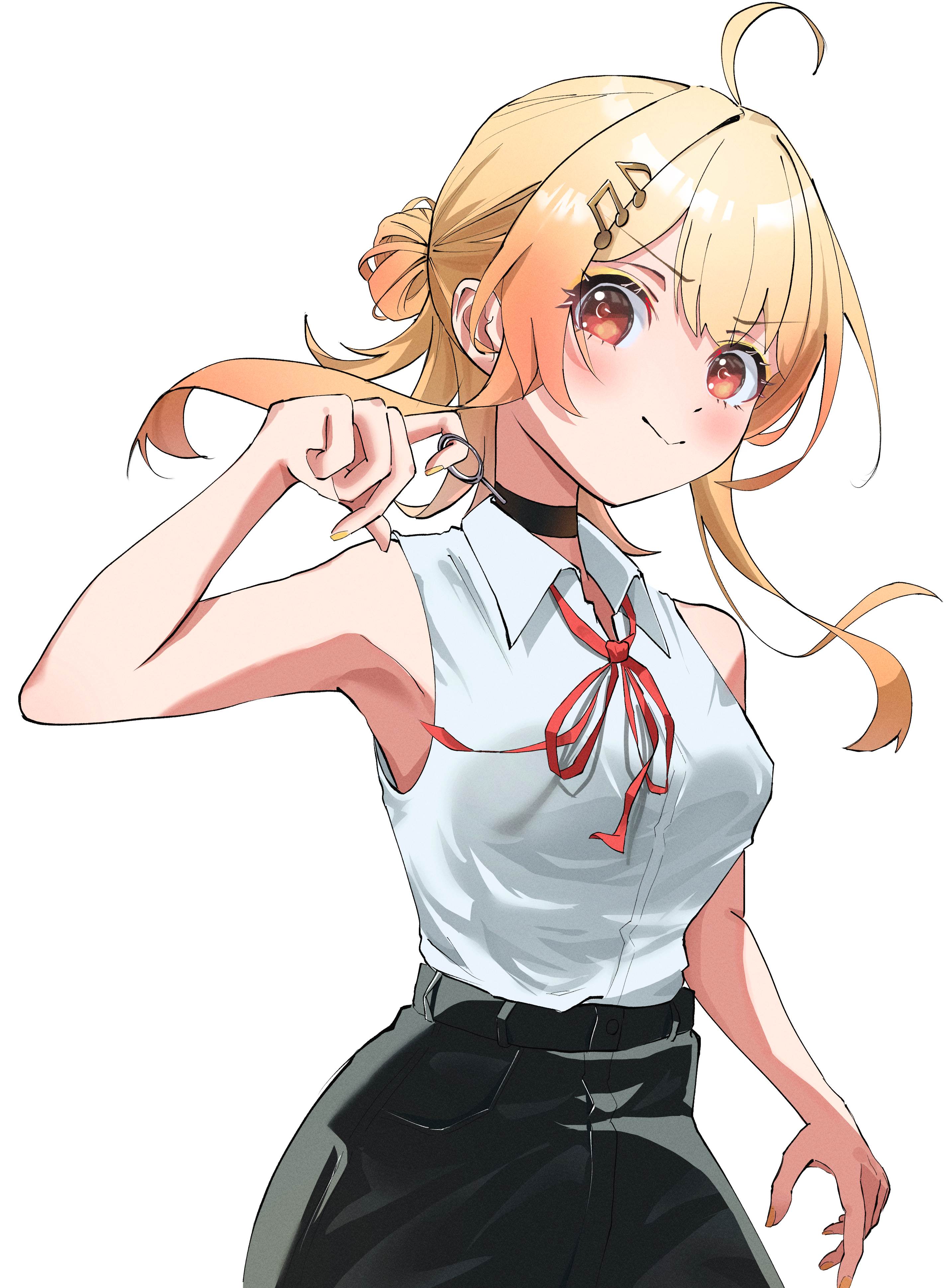 vermin., otonose kanade, reze (chainsaw man), chainsaw man, hololive, regloss (hololive), absurdres, highres, 1girl, :>, ahoge, alternate breast size (larger), armpits, bare shoulders, black shorts, blonde hair, breasts, choker, cosplay, gradient hair, hair bun, hair ornament, light blush, long hair, looking at viewer, multicolored hair, musical note, red ribbon, reze (chainsaw man) (cosplay), ribbon, shirt, shorts, side ponytail, simple background, sleeveless, sleeveless shirt, solo, virtual youtuber, white shirt, yellow eyes