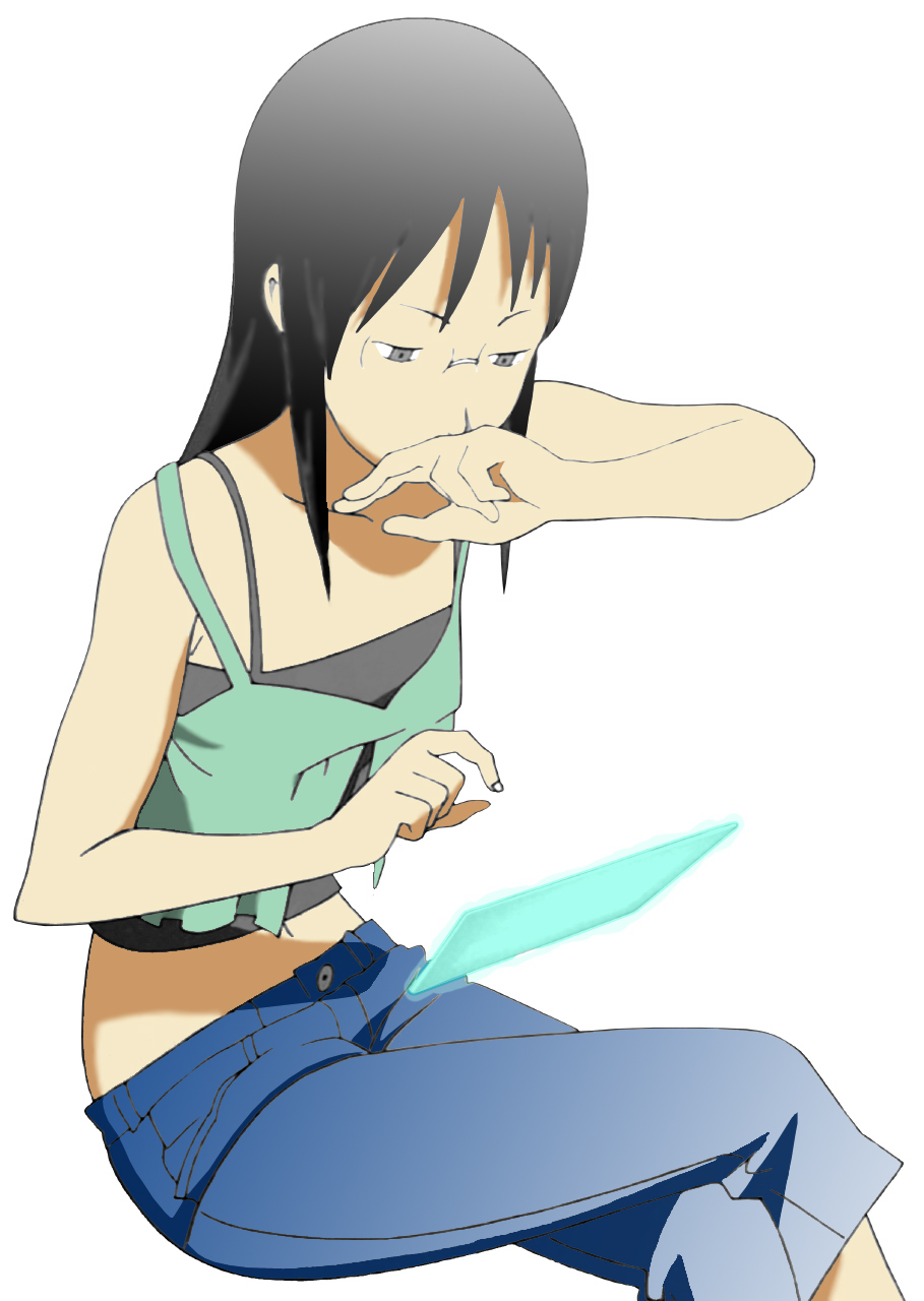 kty-world, harakawa tamako, dennou coil, bad id, bad pixiv id, highres, 00s, 1girl, bare shoulders, black eyes, black hair, camisole, chemise, female focus, glasses, long hair, midriff, solo