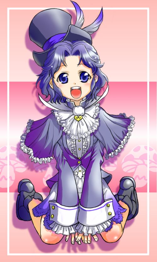 hige (artist), hige (yosemite), frederic chopin (trusty bell), trusty bell, bad id, bad pixiv id, gender request, 1girl, blue eyes, blue hair, boots, feathers, female focus, frills, genderswap, hat, kneeling, long hair, matching hair/eyes, shoes, short hair, solo, top hat