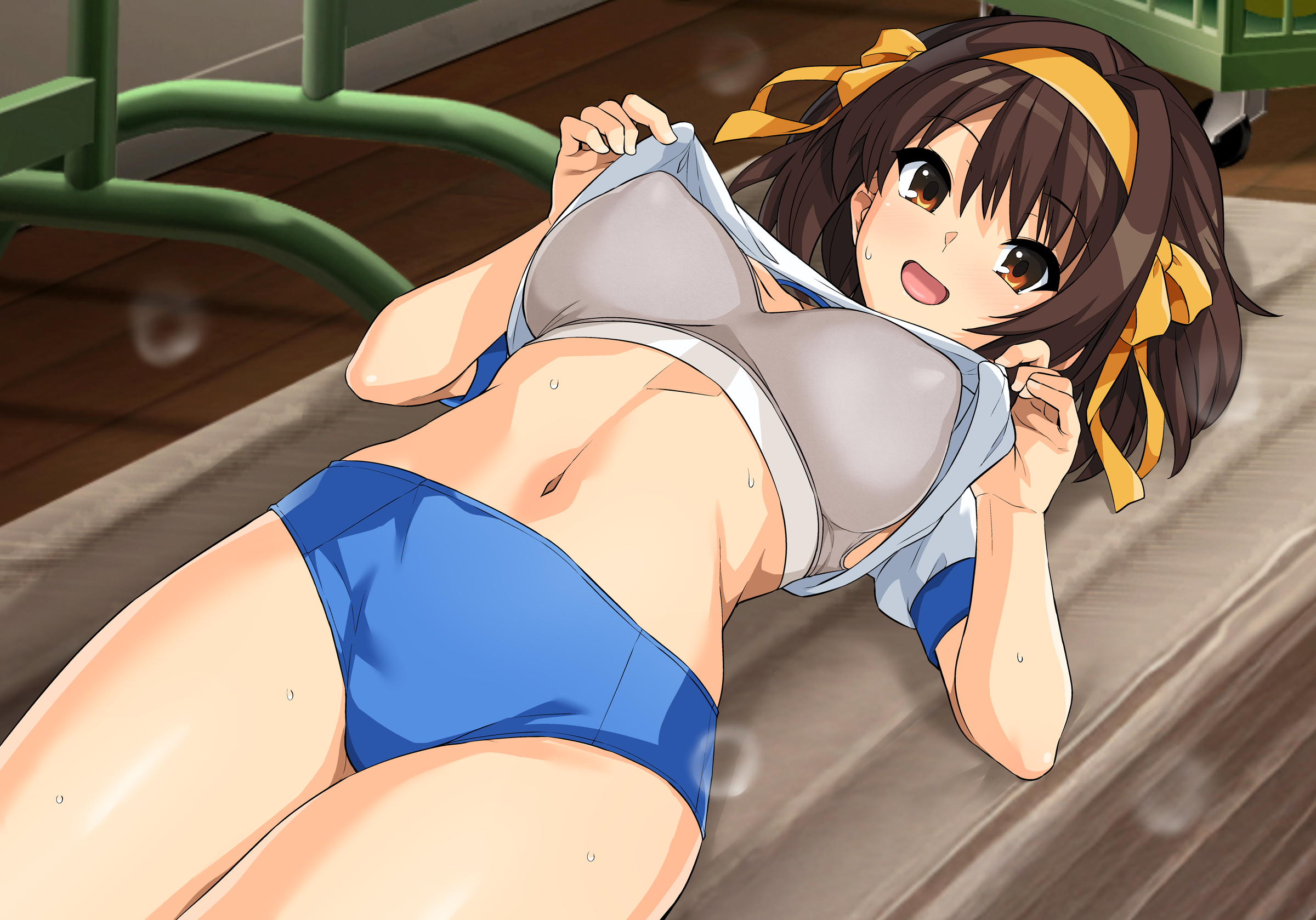 haruhisky, suzumiya haruhi, suzumiya haruhi no yuuutsu, commentary request, highres, variant set, 1girl, :d, breasts, brown eyes, brown hair, clothes lift, covered erect nipples, grey sports bra, gym uniform, hair ribbon, hairband, large breasts, lifting own clothes, looking at viewer, medium hair, open mouth, ribbon, shirt, shirt lift, short sleeves, smile, solo, sports bra, tongue, white shirt, yellow hairband, yellow ribbon