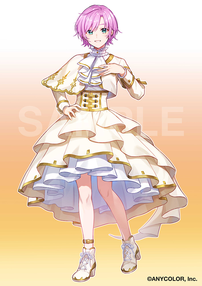 shinishi chiho, yuuhi riri, nijisanji, commentary request, official art, 1girl, ankle boots, ankle strap, aqua eyes, ascot, boots, capelet, copyright notice, corset, frilled shirt collar, frills, full body, gradient background, hand on own chest, hand on own hip, high-low skirt, high heel boots, high heels, jacket, lace-up boots, long sleeves, looking at viewer, orange background, parted lips, pink hair, sample watermark, shirt, short hair, side cape, skirt, sleeve cuffs, smile, solo, standing, swept bangs, virtual youtuber, watermark, white ascot, white boots, white shirt, yellow capelet, yellow jacket, yellow skirt