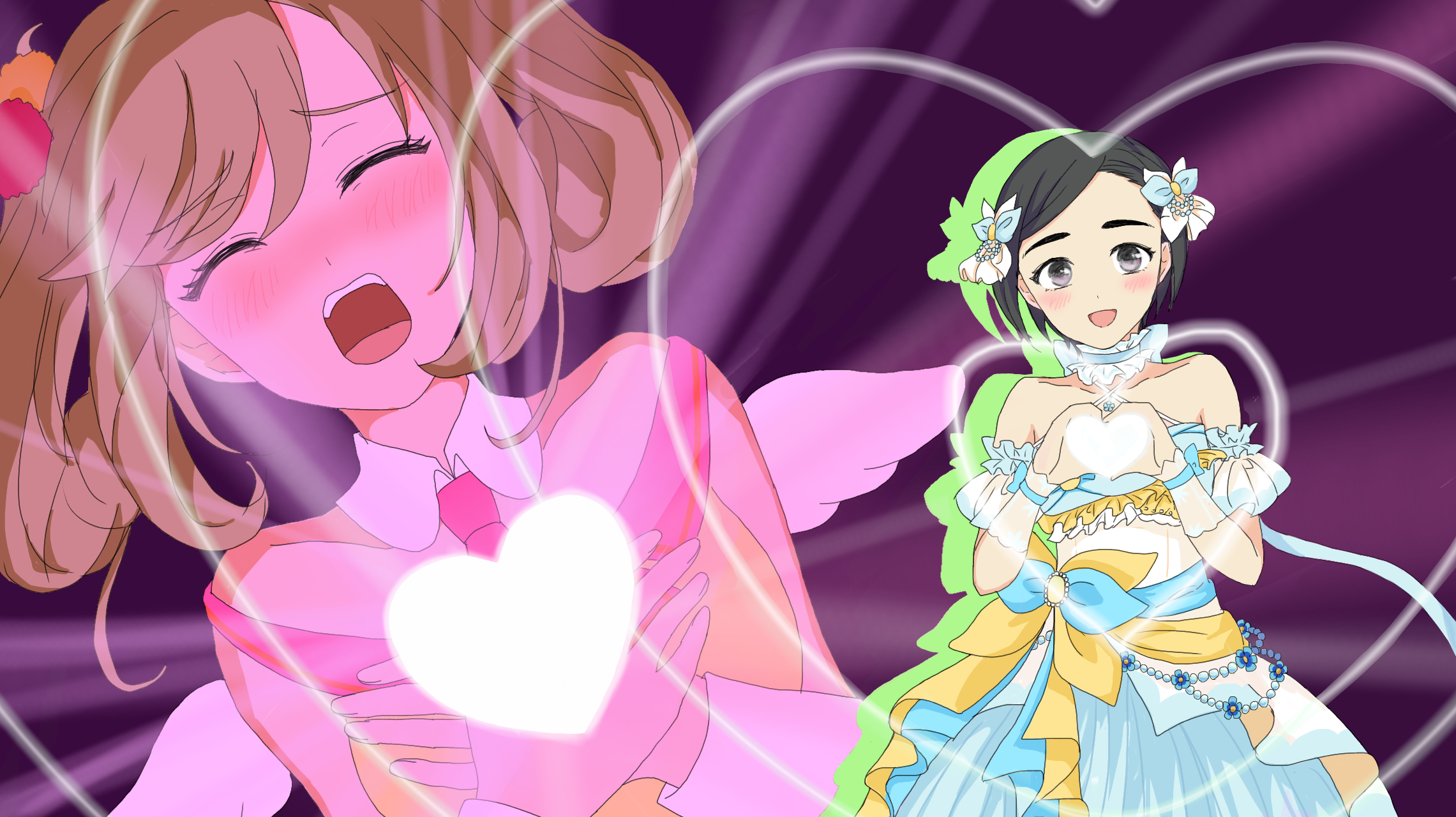 sumikawa (r04013104), matsuo chizuru, sato shin, idolmaster, idolmaster cinderella girls, highres, 2girls, :o, angel wings, bare shoulders, blush, bow, closed eyes, ending song, glowing heart, hair bobbles, hair bow, hair ornament, heart, heart hands, heart on chest, idol clothes, love je t'aime, multiple girls, open mouth, own hands together, parody, pose imitation, short hair, wings
