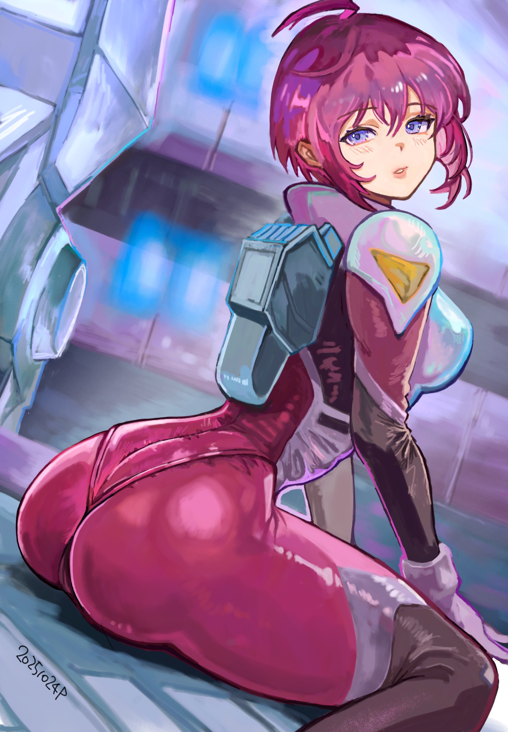 okrdisk2000, lunamaria hawke, gundam, gundam seed, gundam seed destiny, highres, 1girl, ahoge, ass, blush, bodysuit, breasts, from behind, lips, looking at viewer, looking back, mecha pilot suit, medium breasts, normal suit (gundam), pink hair, purple eyes, red bodysuit, red hair, shiny clothes, short hair, sitting, skin tight, solo