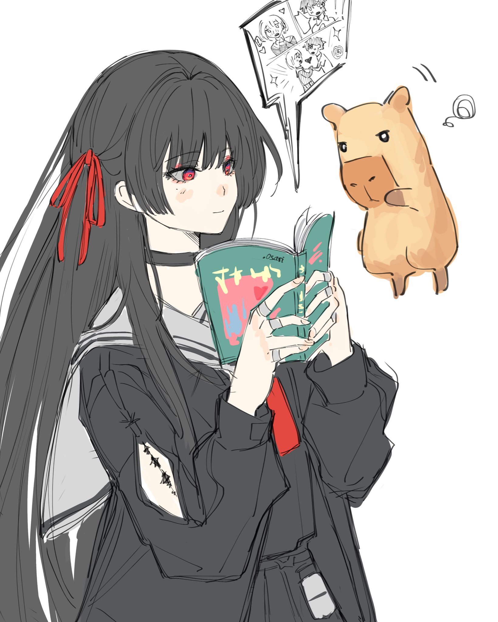 chisa (wuthering waves), wuthering waves, highres, .osari, 1girl, arm cutout, black choker, black hair, black shirt, book, capybara, choker, closed mouth, clothing cutout, hair ribbon, holding, holding book, holding manga, long hair, long sleeves, manga (object), open book, red eyes, red ribbon, ribbon, shirt, simple background, smile, solo, tacet mark (wuthering waves), white background