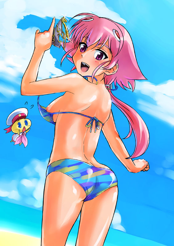 stella bottaculi, shishidou akiha, shishidou imoko, sora wo kakeru shoujo, 00s, 1girl, ass, bikini, breasts, butt crack, day, medium breasts, nipple slip, nipples, swimsuit, wardrobe malfunction
