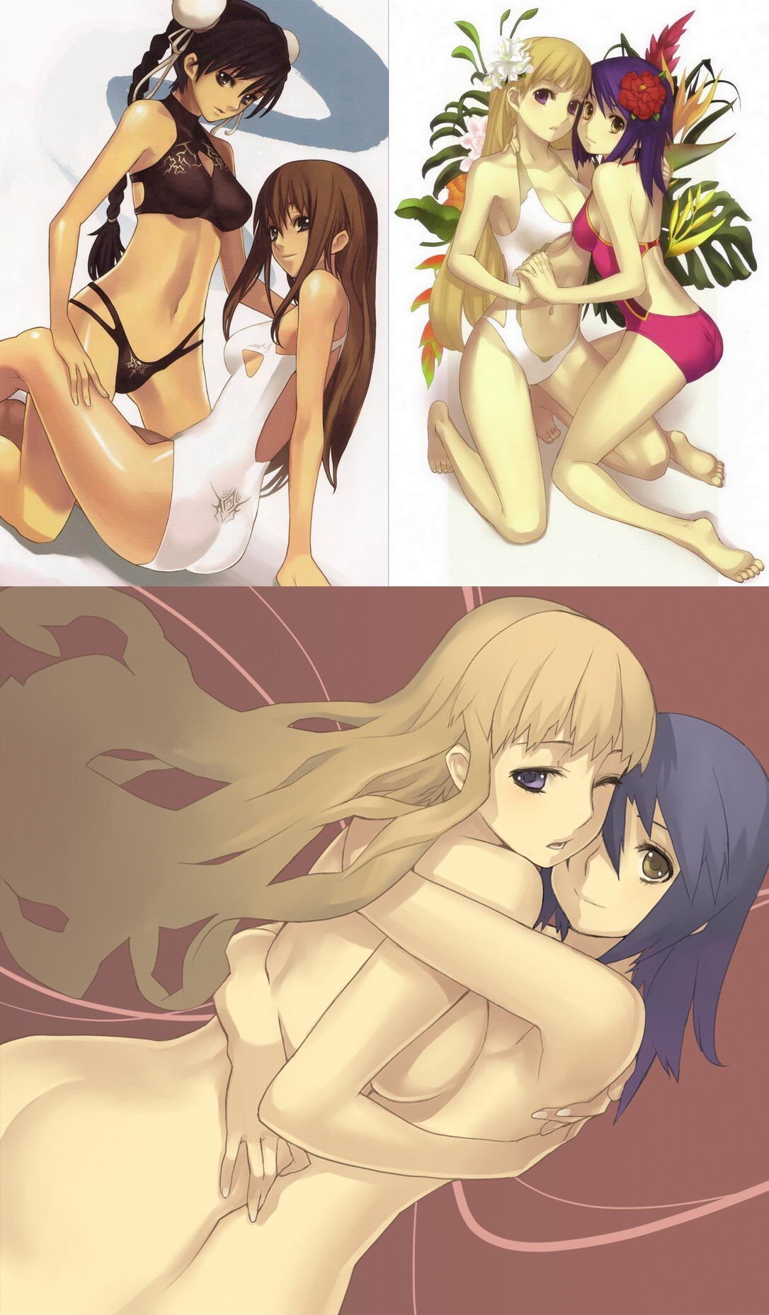 nagi ryou, aurica nestmile, chroche latel pastalie, luca truelywaath, misha arsellec lune, ar tonelico, ar tonelico i, ar tonelico ii, gust, highres, official art, 00s, 4girls, arm support, ass, back, bare shoulders, barefoot, bikini, black hair, blonde hair, blue eyes, blue hair, bow, braid, breast press, breasts, brown eyes, brown hair, bun cover, collarbone, double bun, feet, female focus, flower, hair bun, hair flower, hair ornament, holding hands, hug, interlocked fingers, kneeling, large breasts, legs, long hair, looking at viewer, looking back, medium breasts, midriff, multiple girls, navel, nude, one-piece swimsuit, one eye closed, open mouth, pink one-piece swimsuit, purple eyes, short hair, single hair bun, sitting, smile, soles, swimsuit, toes, twin braids, white one-piece swimsuit, wink, yellow eyes, yuri