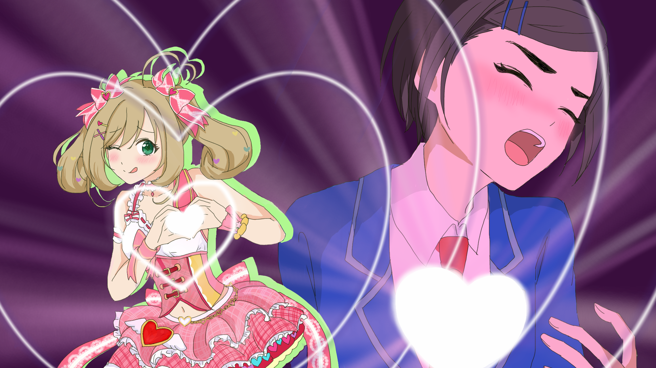 sumikawa (r04013104), matsuo chizuru, sato shin, idolmaster, idolmaster cinderella girls, highres, 2girls, ahoge, blush, bow, bracelet, closed eyes, glowing heart, green eyes, hair bow, hair ornament, hairclip, hand up, heart, heart hands, idol clothes, jewelry, long hair, love je t'aime, multiple girls, navel, necktie, open mouth, parody, pink skirt, school uniform, short hair, skirt, twintails, x hair ornament