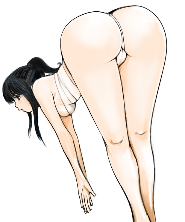 kazaana, original, 1girl, ass, bandages, bare shoulders, bent over, black hair, brown eyes, female focus, from behind, hip focus, huge ass, long hair, panties, sarashi, simple background, solo, thong, touching toes, underwear, white background, wide hips