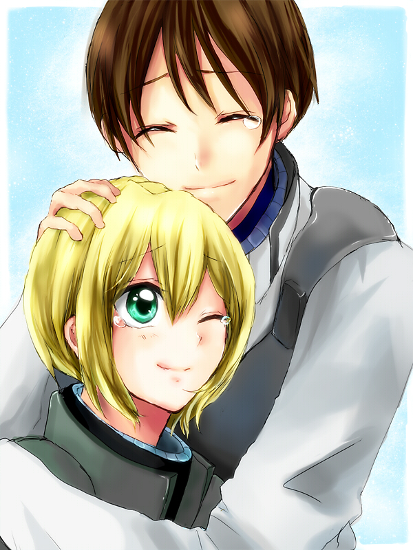 the starry skies, louise halevy, saji crossroad, gundam, gundam 00, bad id, bad pixiv id, 00s, 1boy, 1girl, chin rest, closed eyes, couple, hand on another's head, happy, head on head, head rest, hetero, hug, hug from behind, one eye closed, short hair, smile, tears, wink