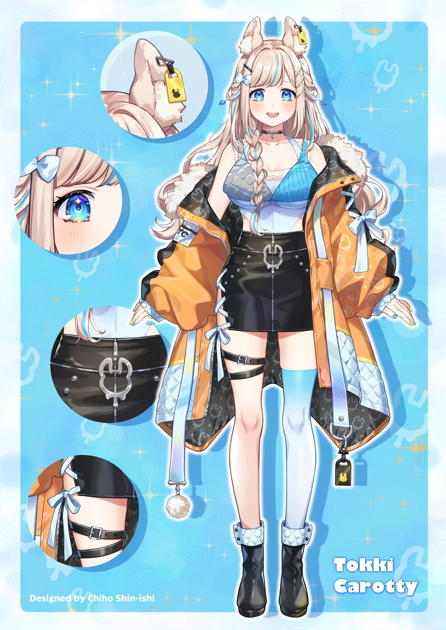 shinishi chiho, indie virtual youtuber, commentary request, highres, 1girl, :d, animal ear fluff, animal ears, artist name, bare shoulders, black choker, black skirt, blue background, blue eyes, blue shirt, blue streaks, blue thighhighs, blush, breasts, character name, choker, coat, collarbone, drop shadow, full body, grey hair, large breasts, long hair, long sleeves, looking at viewer, multicolored hair, multiple thigh straps, nail polish, off shoulder, open clothes, open coat, open mouth, orange coat, outline, pencil skirt, rabbit ears, rabbit girl, shirt, single thighhigh, skirt, sleeveless, sleeveless shirt, smile, solo, sparkle, standing, streaked hair, thighhighs, tokii carotty, virtual youtuber, white outline