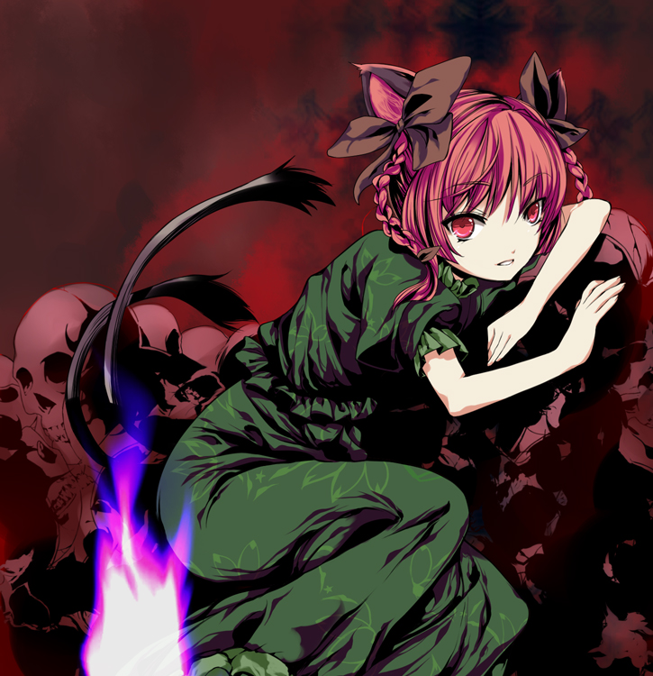 atoshi, kaenbyou rin, touhou, bad id, bad pixiv id, 1girl, animal ears, braid, cat ears, cat girl, cat tail, female focus, pink hair, red eyes, red hair, sitting, skull, solo, tail, twin braids