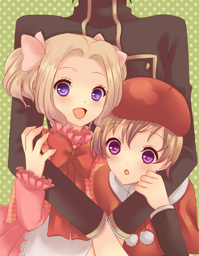 tourin fuwa, lelouch vi britannia, nunnally vi britannia, rolo lamperouge, code geass, bad id, bad pixiv id, 00s, 1girl, 2boys, blue eyes, bow, brown hair, child, hair bow, hat, hug, multiple boys, purple eyes, ribbon, short twintails, twintails