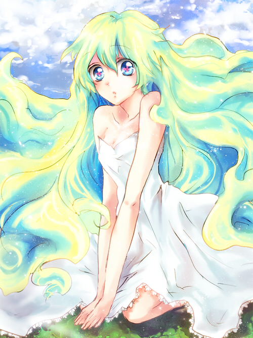 the starry skies, nia teppelin, tengen toppa gurren lagann, bad id, bad pixiv id, 00s, bare shoulders, dress, long hair, multicolored hair, solo, strapless, strapless dress, sundress, very long hair