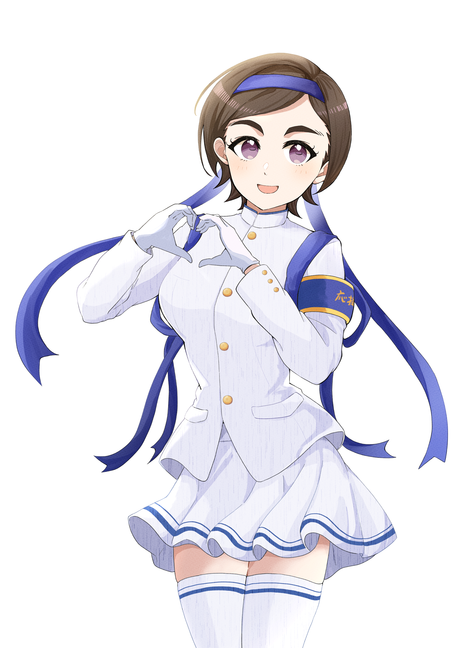 sonakao, matsuo chizuru, idolmaster, idolmaster cinderella girls, highres, 1girl, armband, blue headband, blue ribbon, brown hair, buttons, gloves, hair ribbon, headband, heart, heart hands, long sleeves, ouendan, purple eyes, ribbon, shirt, simple background, skirt, smile, solo, thighhighs, white background, white gloves, white shirt, white skirt, white thighhighs, zettai ryouiki