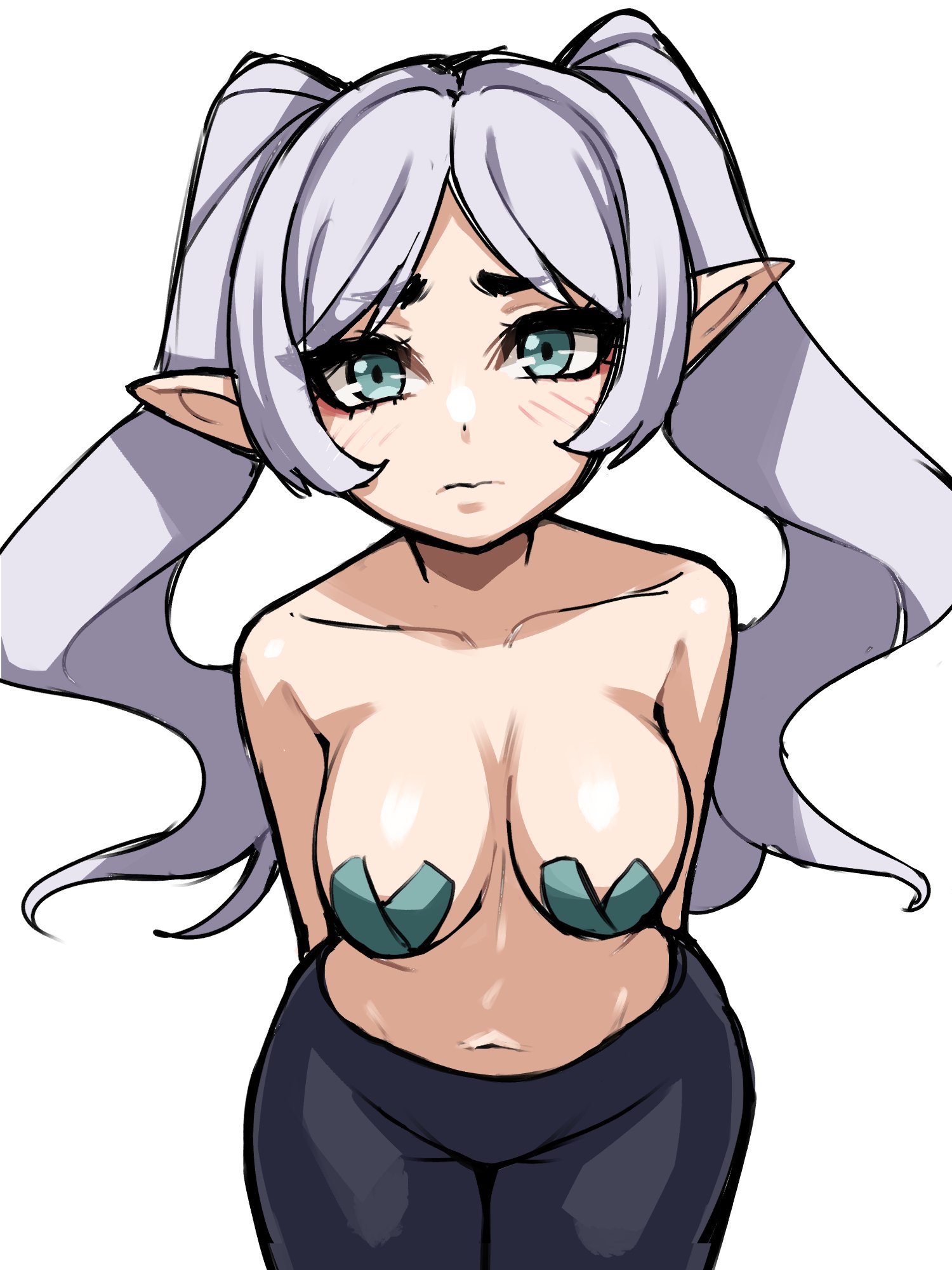 oninuer, frieren, sousou no frieren, commentary, english commentary, highres, 1girl, alternate breast size (larger), aqua eyes, arms behind back, black pants, breasts, closed mouth, collarbone, cowboy shot, cross, cross pasties, elf, grey hair, large breasts, long hair, looking at viewer, pants, parted bangs, pasties, pointy ears, simple background, sketch, solo, straight-on, twintails, white background