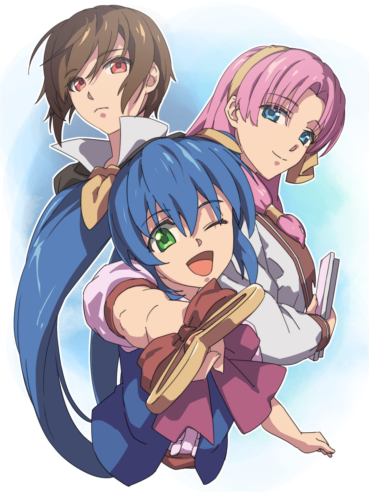 chiharu (9654784), alisa (kaerunyo panyon), kagura izumi, musell classmine, kaerunyo panyon, pastel chime, pastel chime -koi no skill up-, yoru ga kuru!, highres, 3girls, ;d, blue eyes, blue hair, brown hair, green eyes, hairband, headband, holding, holding wand, looking at viewer, multiple girls, one eye closed, open mouth, pink hair, red eyes, red hair, short hair, smile, twintails, wand, yellow hairband