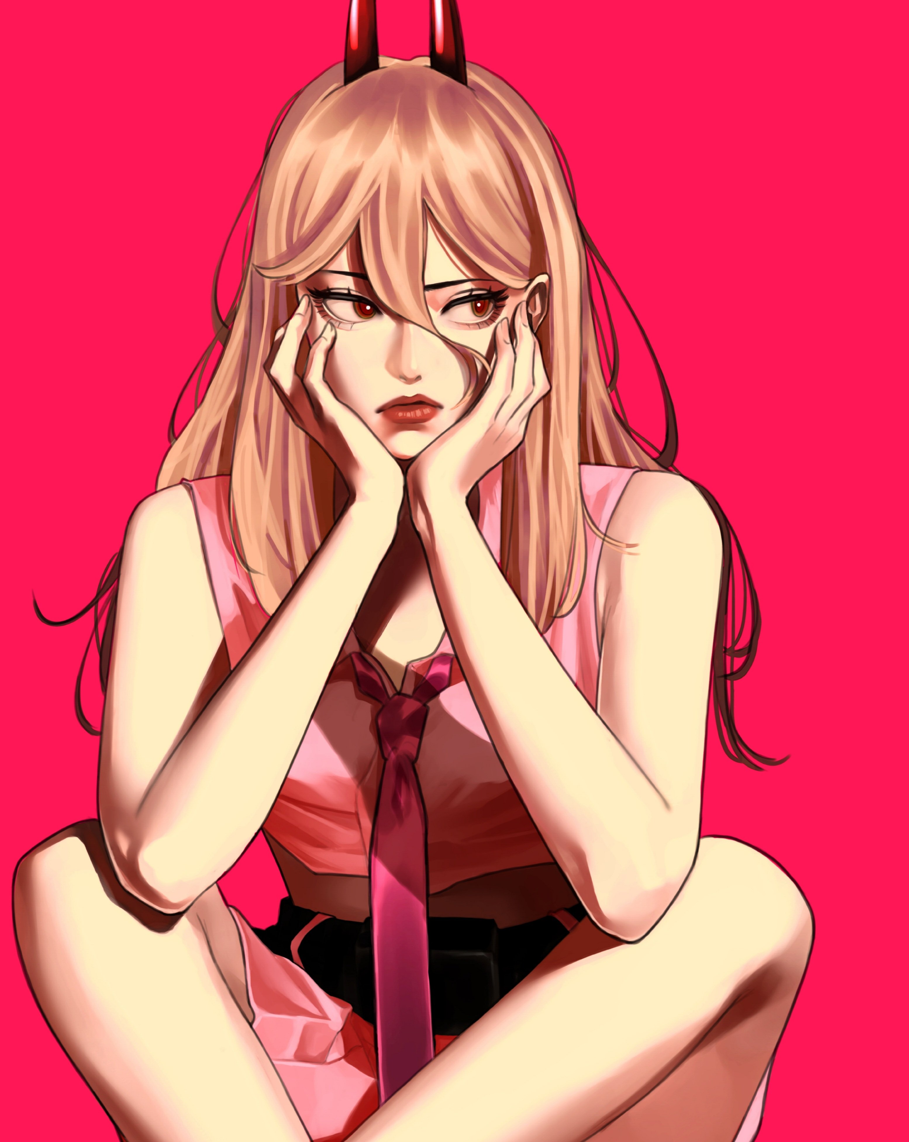 snowberryaki, power (chainsaw man), chainsaw man, absurdres, commentary, highres, 1girl, alternate costume, blonde hair, demon girl, demon horns, feet out of frame, gradient background, hair between eyes, head rest, horns, knees apart feet together, lips, long hair, long hair between eyes, looking to the side, necktie, parted lips, pink background, pink necktie, pink shirt, pink skirt, red eyes, red horns, ringed eyes, shirt, sitting, skirt, sleeveless, sleeveless shirt, solo