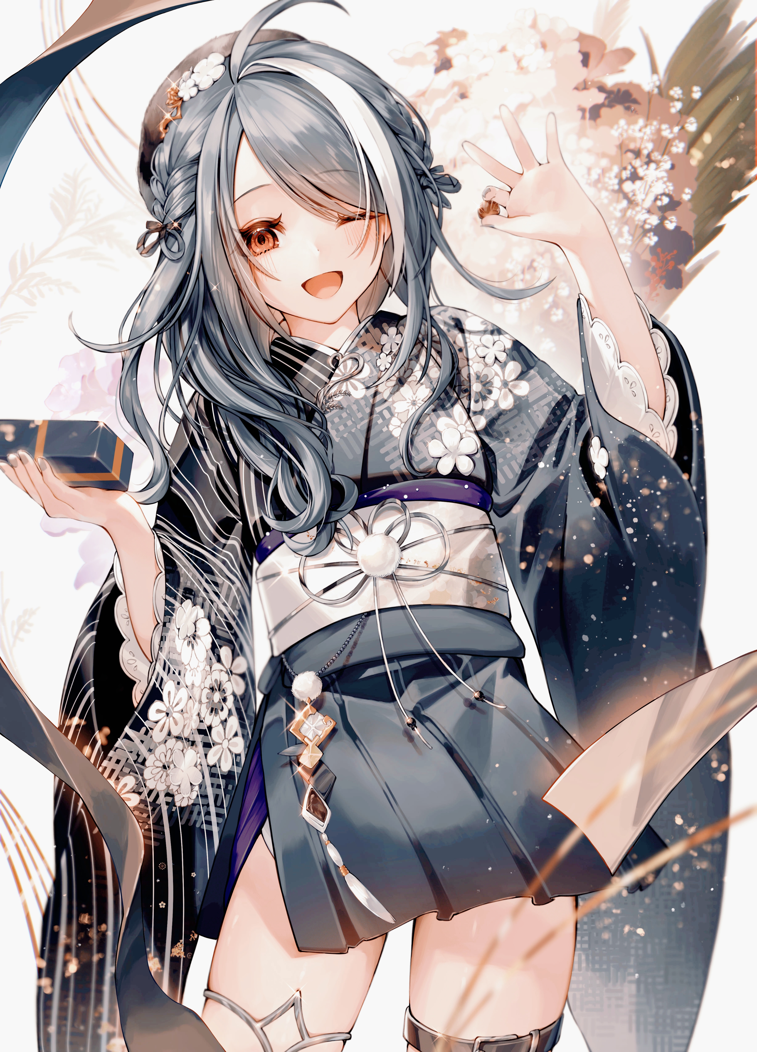 ohuton inu, original, absurdres, highres, 1girl, ahoge, arms up, belt, black belt, black hat, black kimono, box, braid, chocolate, contrapposto, cowboy shot, floral print, flower knot, food, grey hair, grey nails, hat, holding, holding box, holding chocolate, holding food, japanese clothes, jewelry, kimono, long hair, long sleeves, multicolored hair, nail polish, one eye closed, open mouth, orange eyes, parted bangs, sash, smile, solo, standing, streaked hair, thigh belt, thigh strap, twin braids, valentine, white sash, white streaks, wide sleeves