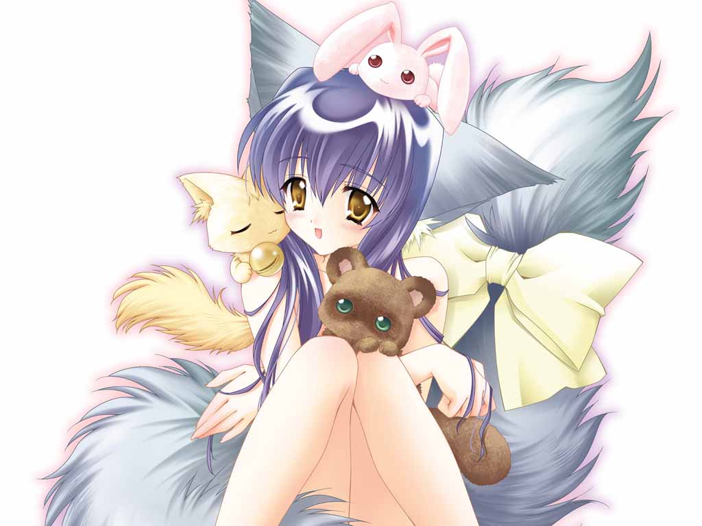 louis&visee, iori (tail tale), koma (tail tale), min (tail tale), soro (tail tale), tail tale, jpeg artifacts, animal, animal ears, baby animal, barefoot, bell, blue hair, blush, bow, brown eyes, cat, cat ears, cat tail, censored, convenient censoring, crossed arms, fox, fox ears, jingle bell, kitten, long hair, multiple tails, nude, object on head, rabbit, raccoon, sitting, solo, tail, thighhighs, yellow eyes