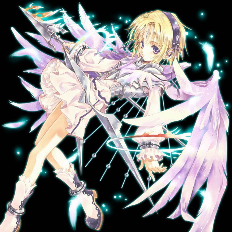 tagme, angel, blonde hair, blue eyes, polearm, short hair, spear, weapon, wings
